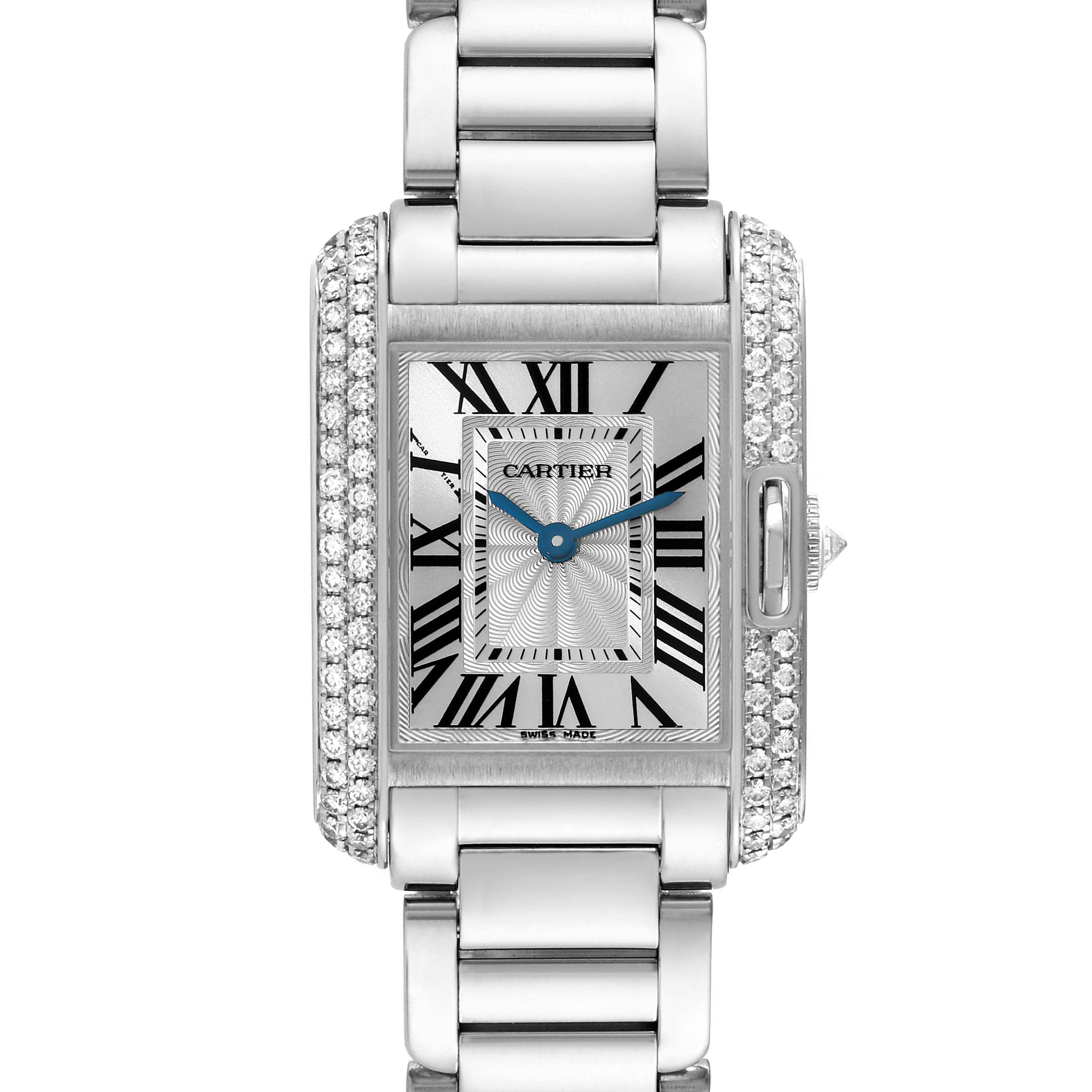This image shows a front view of a Cartier Tank Anglaise WT100008 Women's White Gold Silver Dial WT100008 Women's White Gold Silver Dial watch, highlighting its rectangular face, Roman numerals, and metal band.