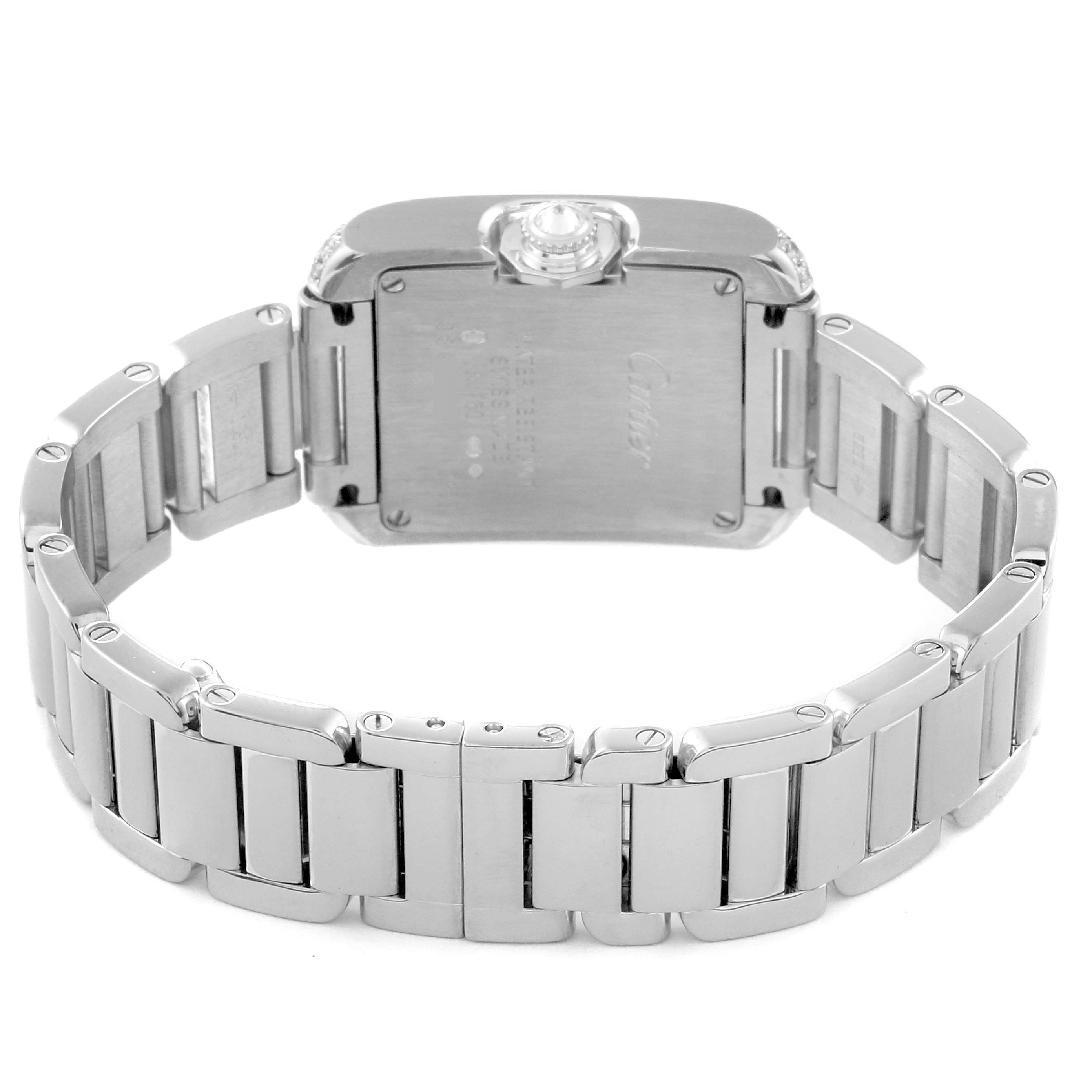The image shows the back view of the Cartier Tank Anglaise WT100008 Women's White Gold Silver Dial WT100008 Women's White Gold Silver Dial watch, focusing on its stainless steel case and bracelet.