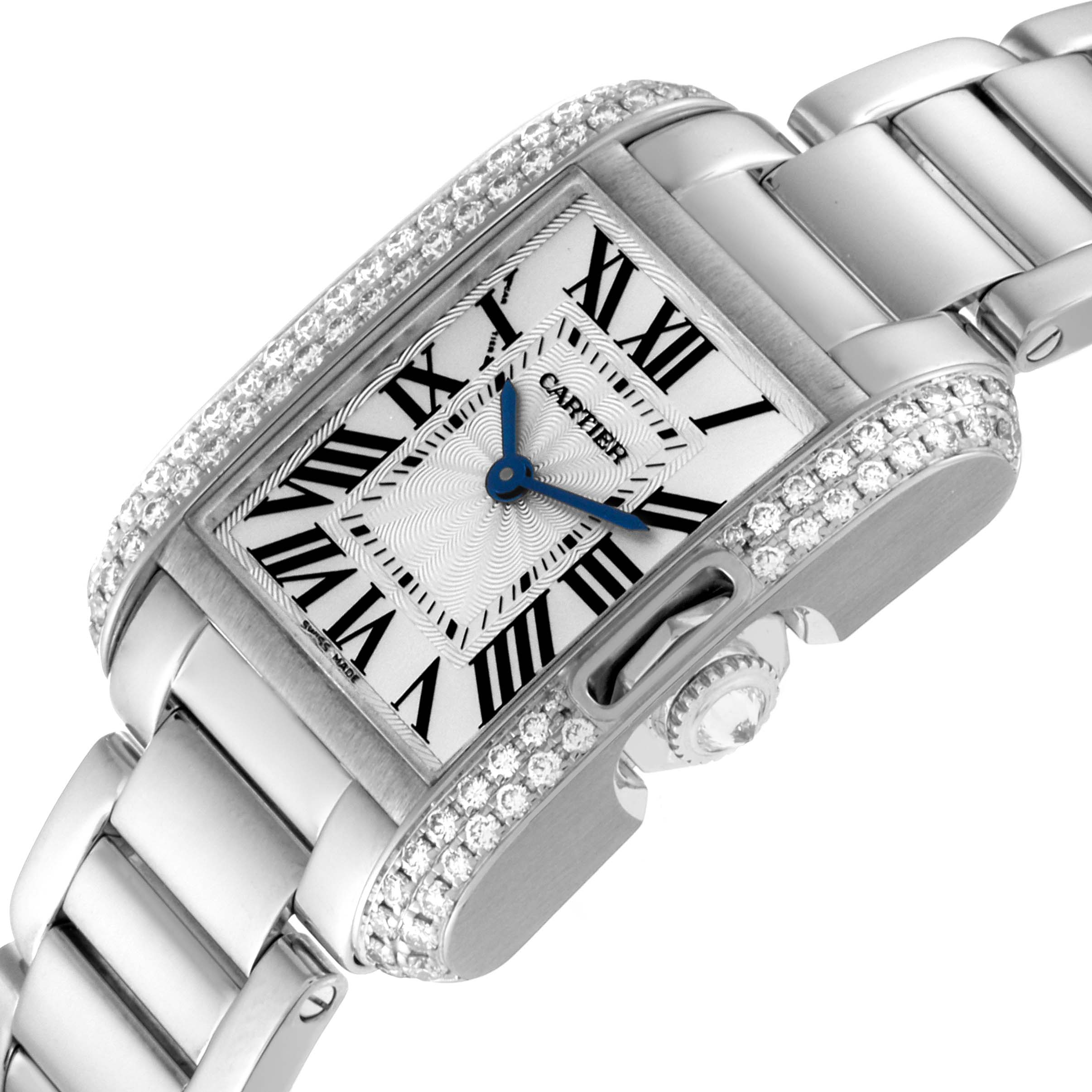 The image shows a close-up angled view of a Cartier Tank Anglaise WT100008 Women's White Gold Silver Dial WT100008 Women's White Gold Silver Dial watch displaying its face, crown, and bracelet.