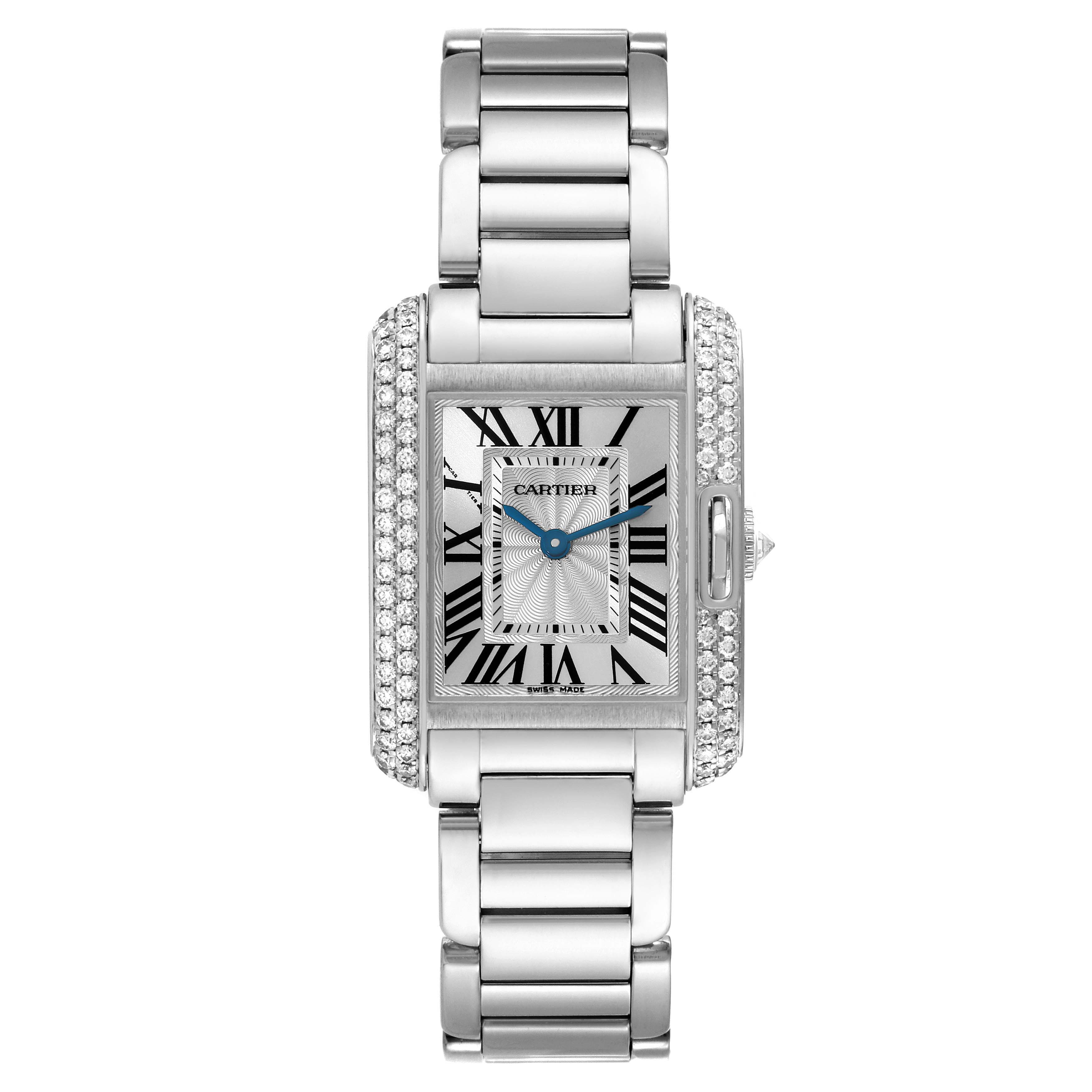 This image shows a front view of the Cartier Tank Anglaise WT100008 Women's White Gold Silver Dial WT100008 Women's White Gold Silver Dial watch, highlighting its rectangular face, Roman numerals, and metal bracelet.