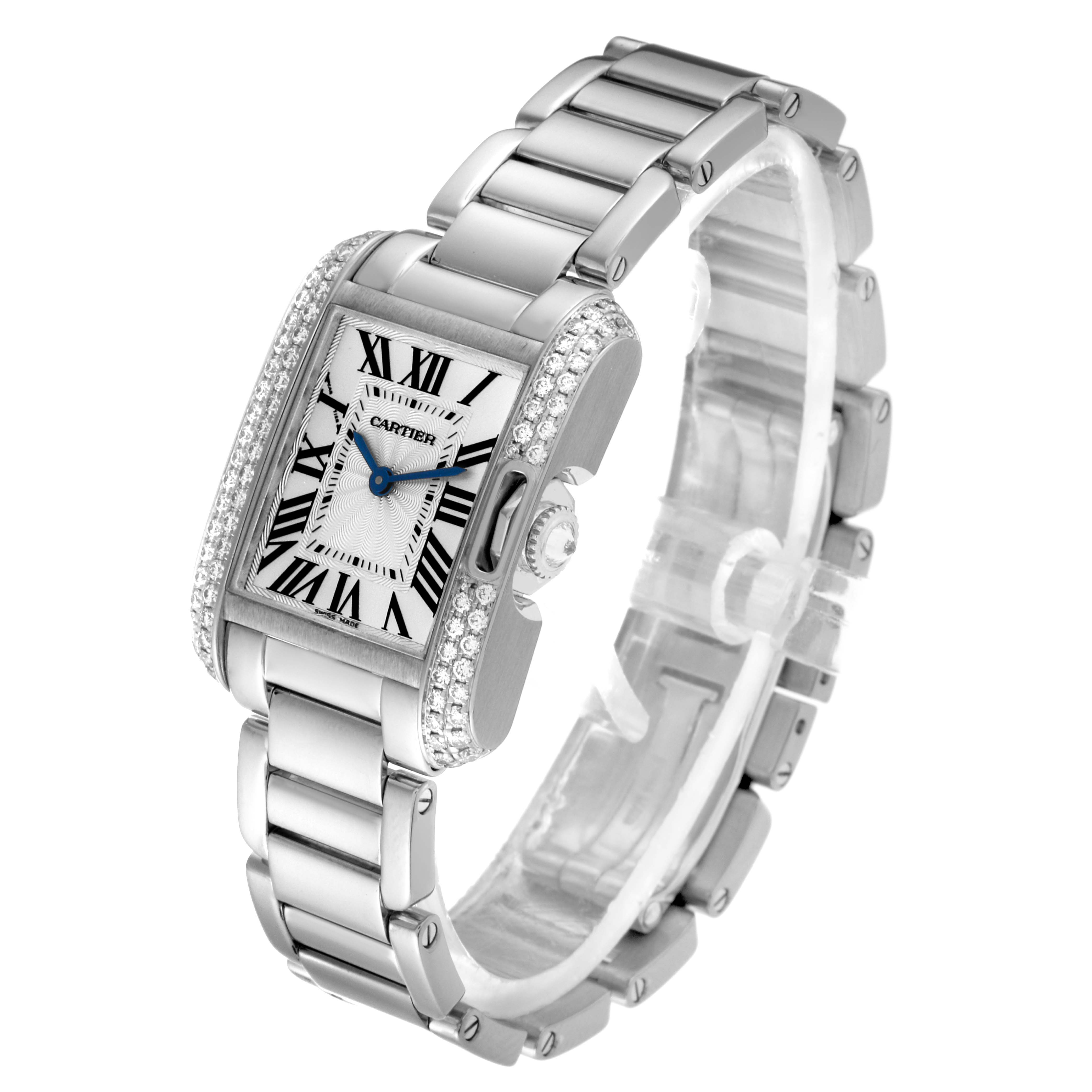 This Cartier Tank Anglaise WT100008 Women's White Gold Silver Dial WT100008 Women's White Gold Silver Dial watch is shown at a front angle, showcasing its rectangular face, Roman numerals, and metal bracelet.