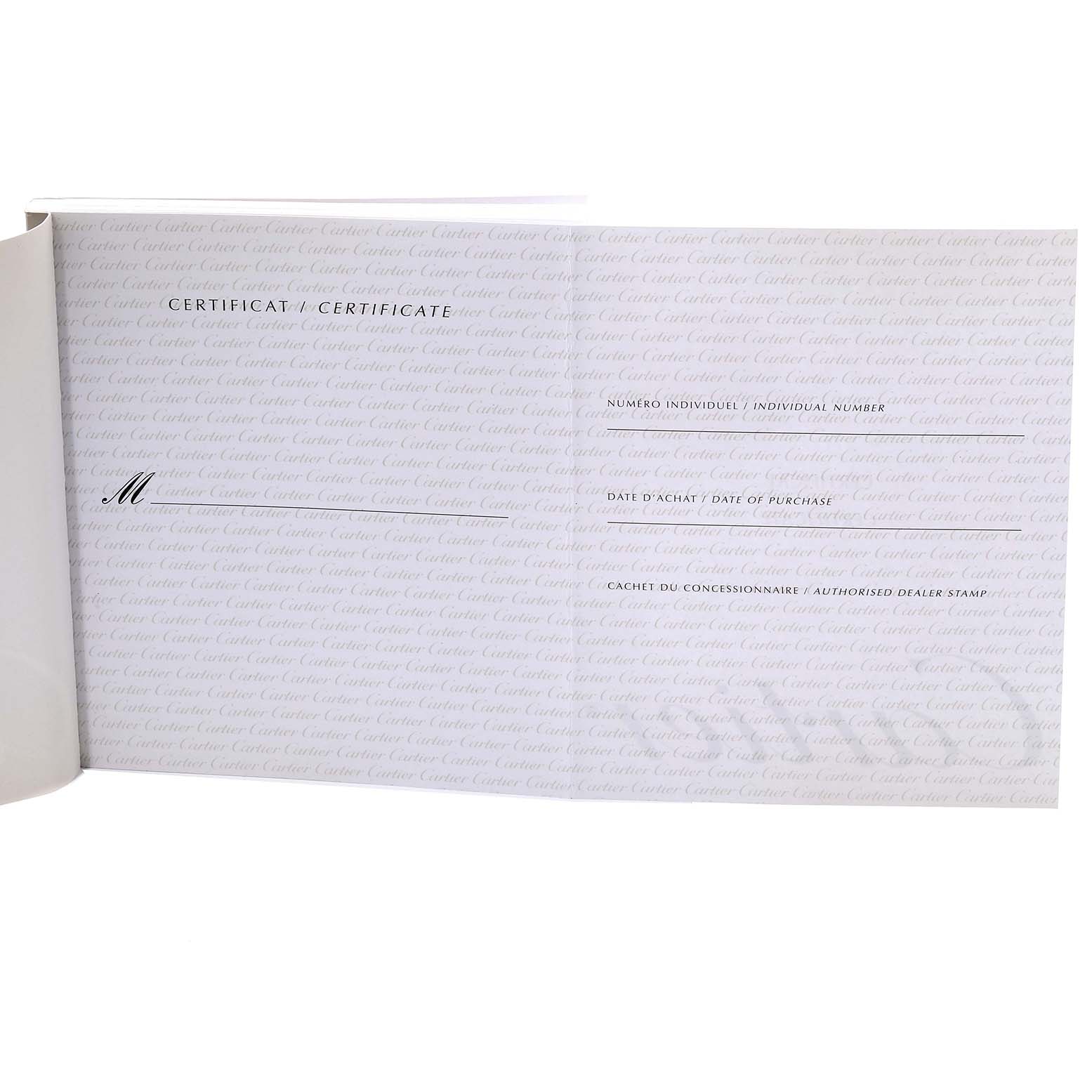 This image shows a certificate for the Cartier Tank Française watch model, featuring fields for individual number, purchase date, and dealer stamp.