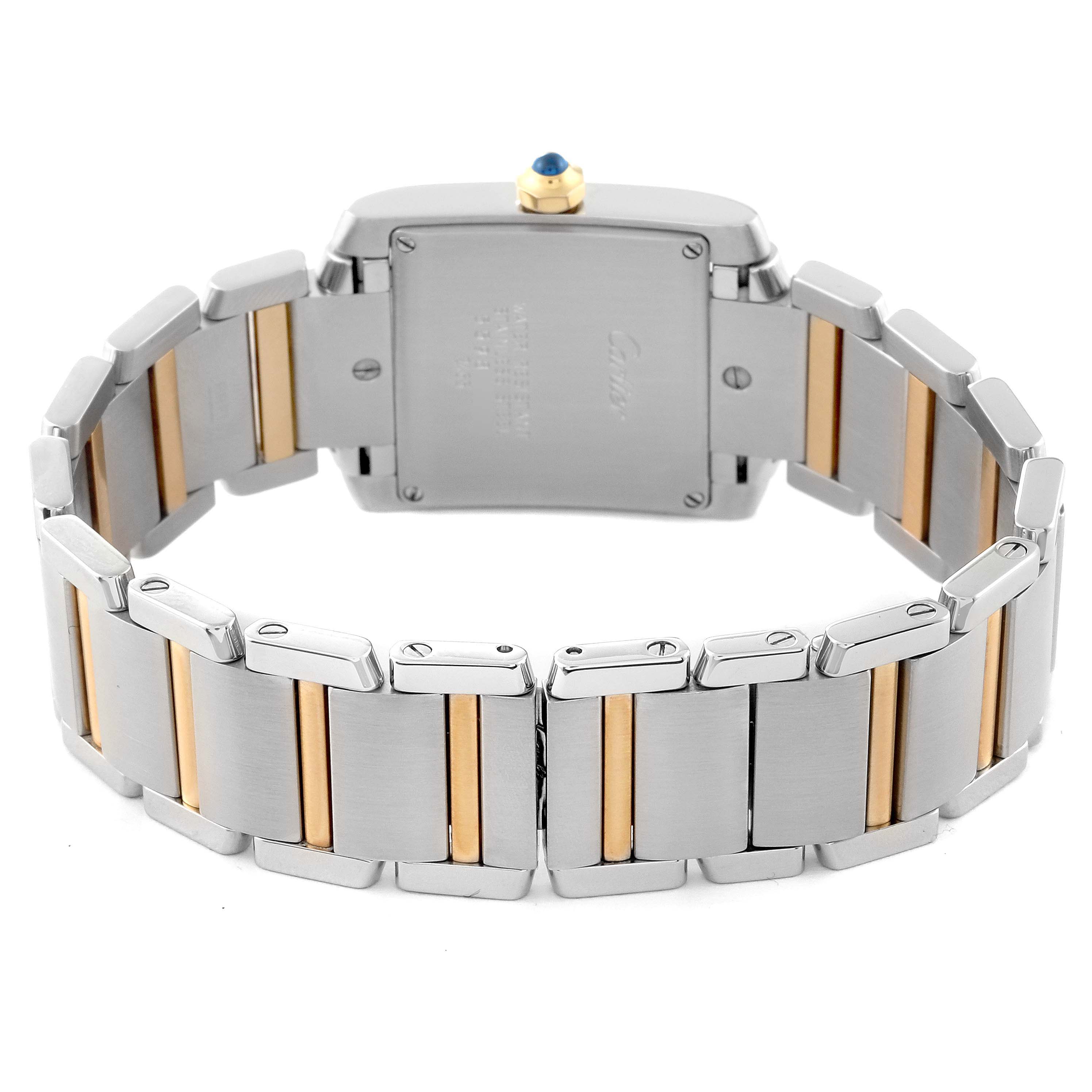 This image shows the back view of a two-tone Cartier Tank Francaise W51012Q4 Women
s Stainless Steel Silver Dial W51012Q4 Women
s Stainless Steel Silver Dial watch, highlighting its bracelet and case back.