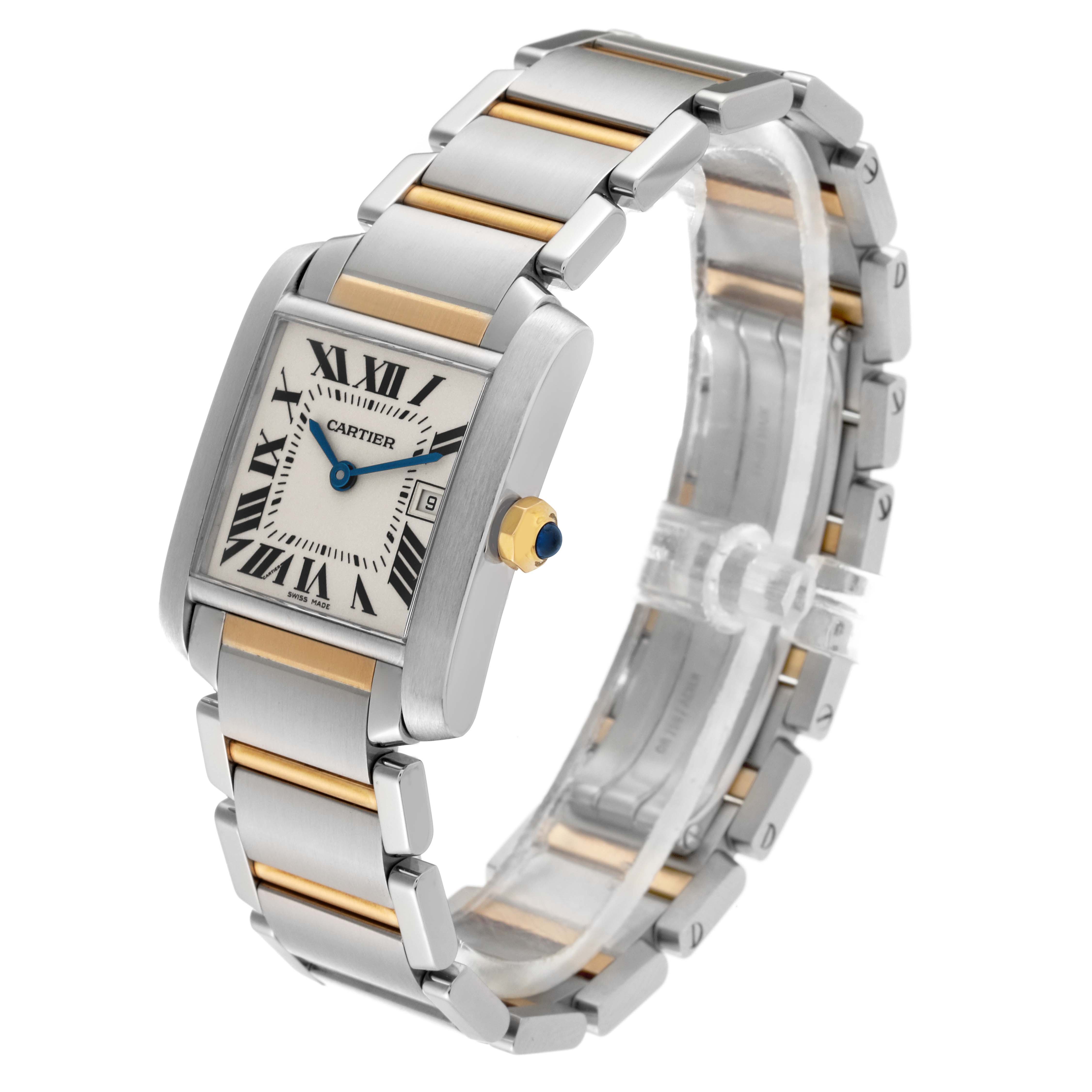 This image shows a Cartier Tank Francaise W51012Q4 Women
s Stainless Steel Silver Dial W51012Q4 Women
s Stainless Steel Silver Dial watch angled from the front-left, highlighting the bracelet, dial, and crown.