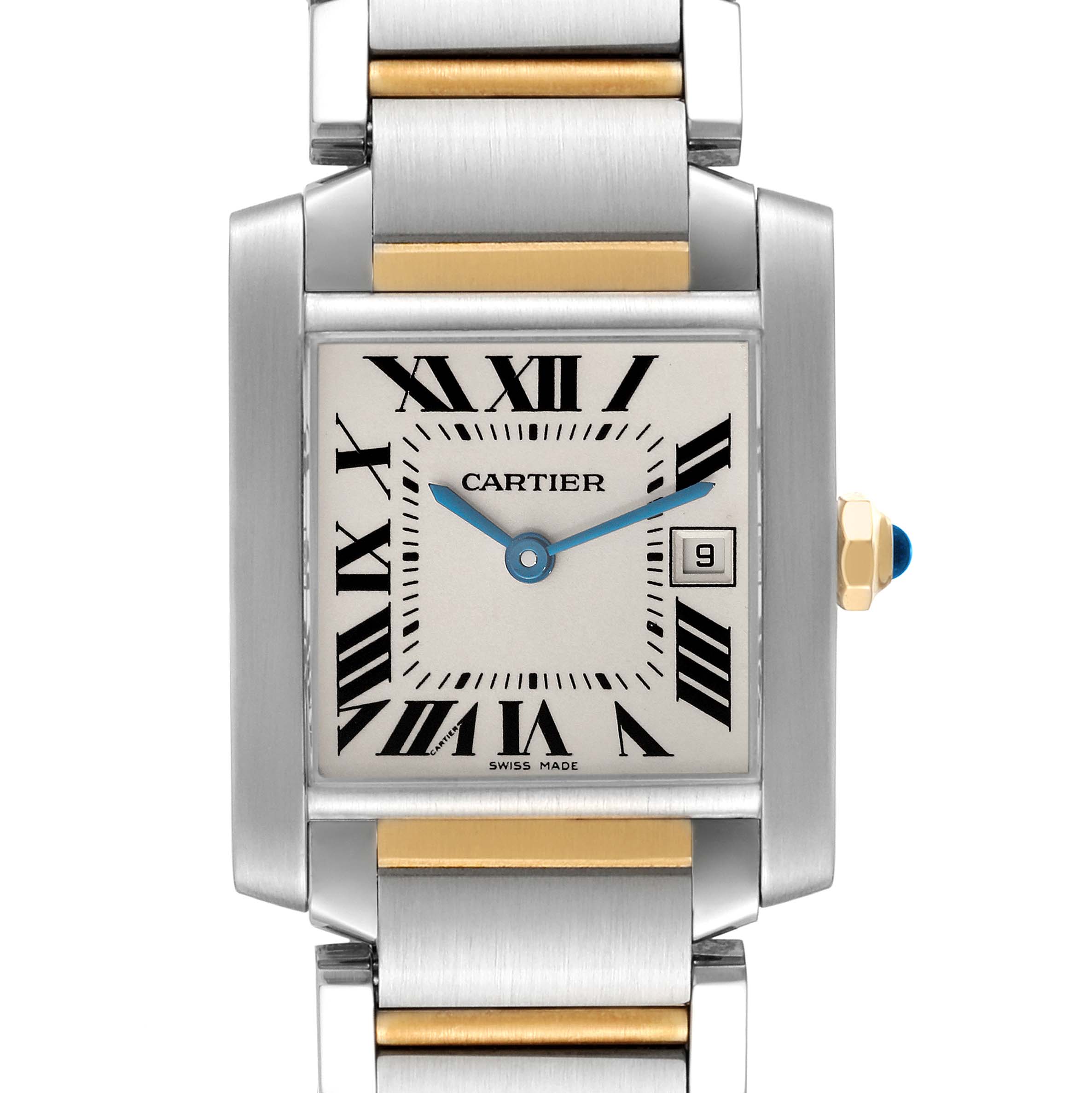 This is a front view of the Cartier Tank Francaise W51012Q4 Women
s Stainless Steel Silver Dial W51012Q4 Women
s Stainless Steel Silver Dial watch showing the rectangular face, Roman numerals, and metal bracelet.