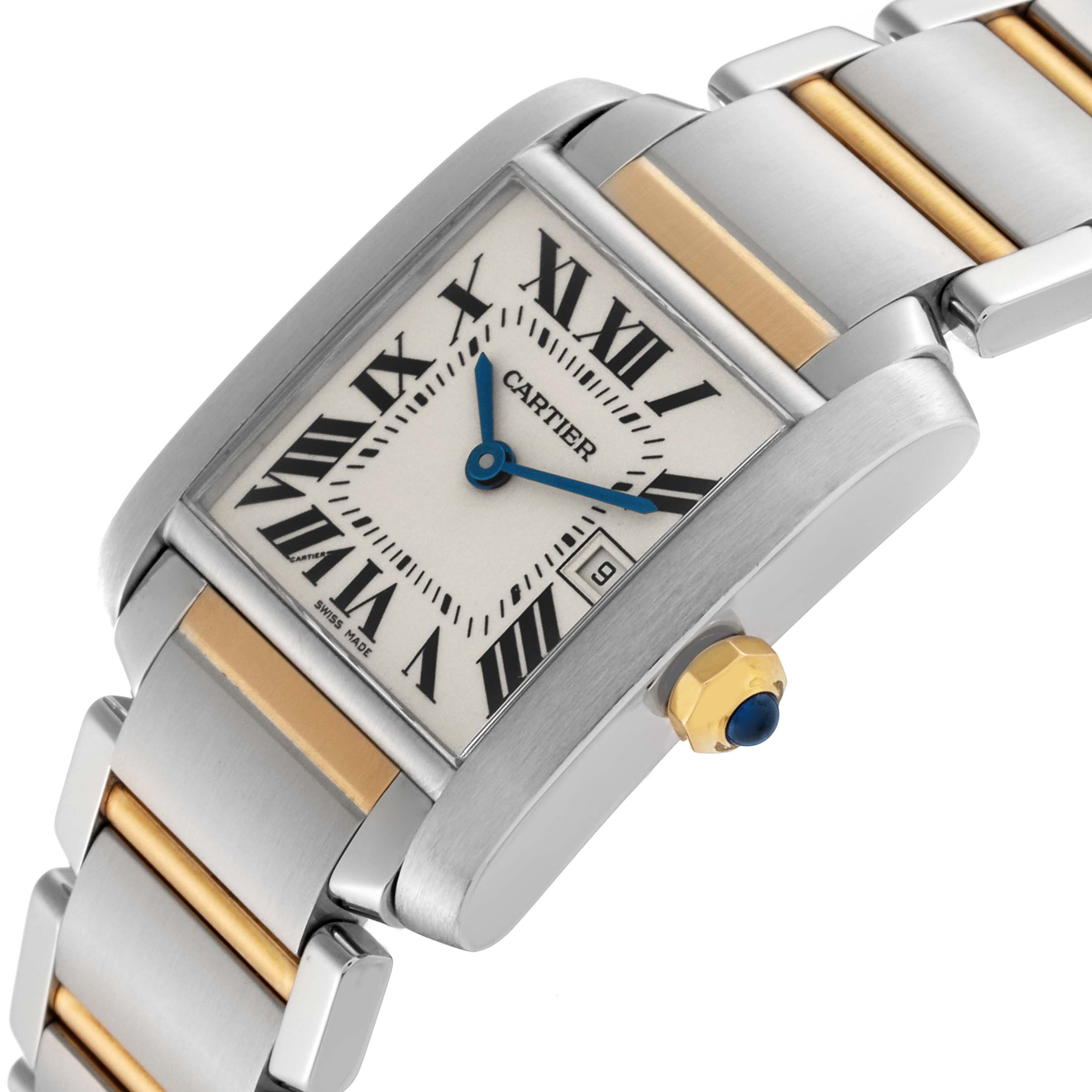 The Cartier Tank Francaise W51012Q4 Women
s Stainless Steel Silver Dial W51012Q4 Women
s Stainless Steel Silver Dial watch is shown at an angled view highlighting the face, crown, and bracelet.