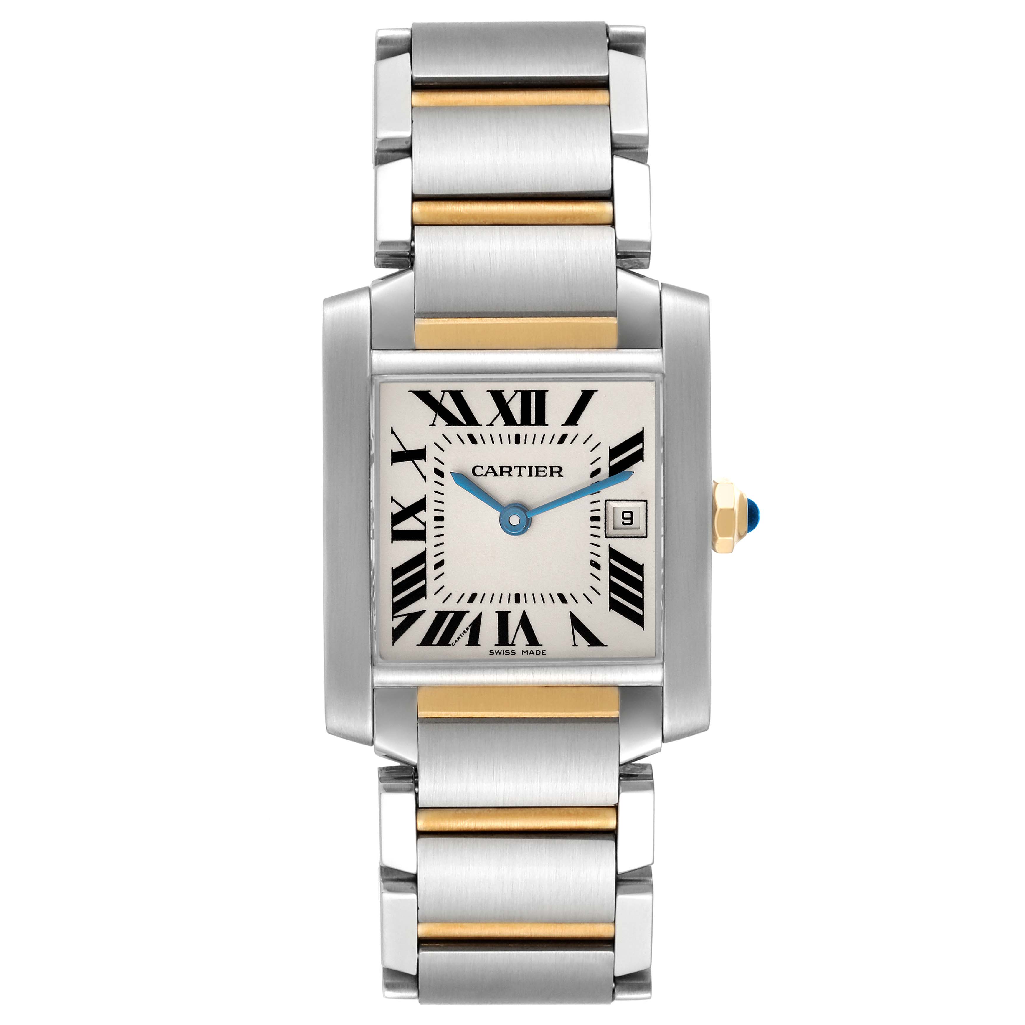 This image shows a frontal view of the Cartier Tank Francaise W51012Q4 Women
s Stainless Steel Silver Dial W51012Q4 Women
s Stainless Steel Silver Dial watch, highlighting the dial, bracelet, and crown.