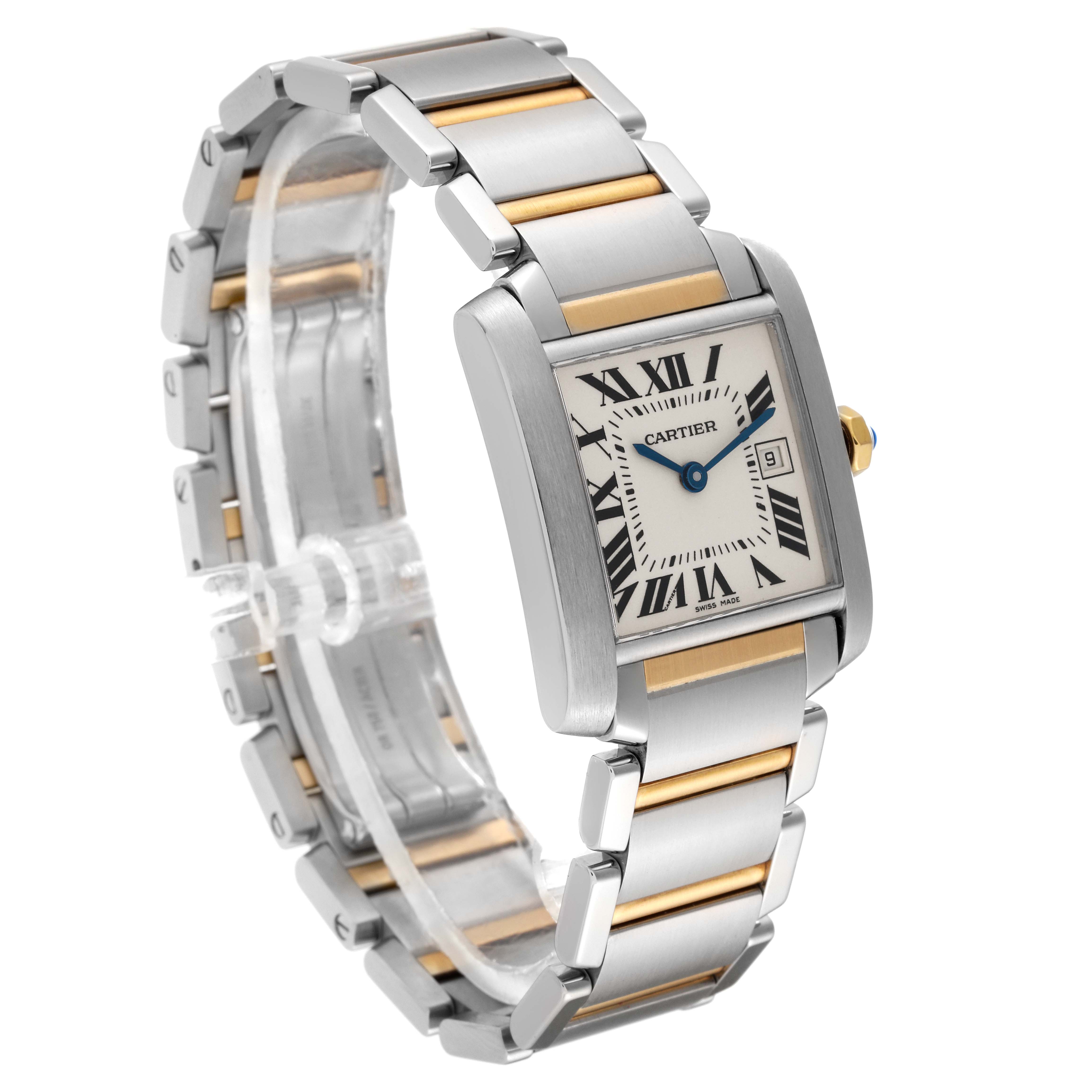 This Cartier Tank Francaise W51012Q4 Women
s Stainless Steel Silver Dial W51012Q4 Women
s Stainless Steel Silver Dial watch is shown from a front-side angle, highlighting its two-tone bracelet and rectangular face with Roman numerals.