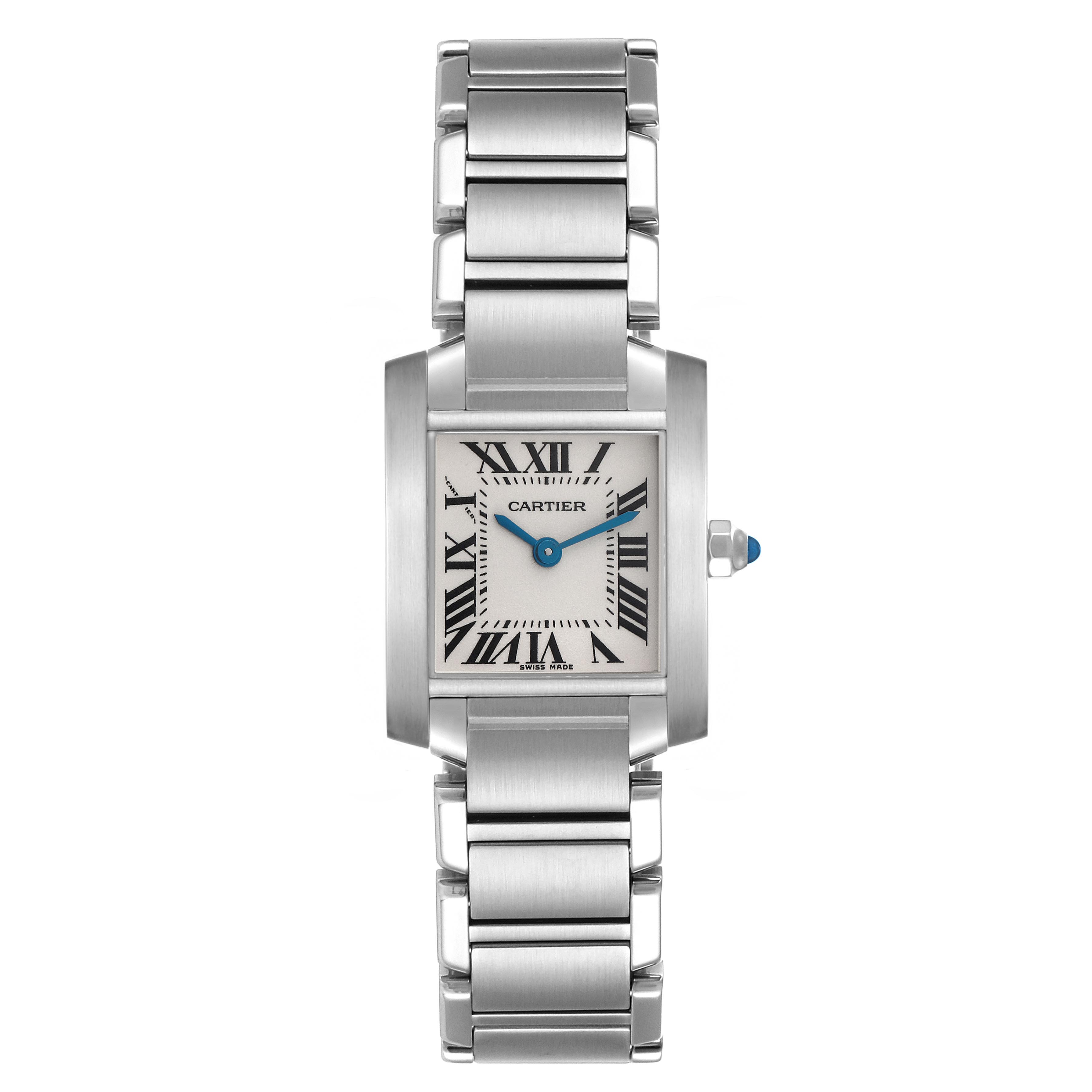 The Cartier Tank Française is shown from the front, displaying its rectangular face, Roman numerals, and metallic bracelet.