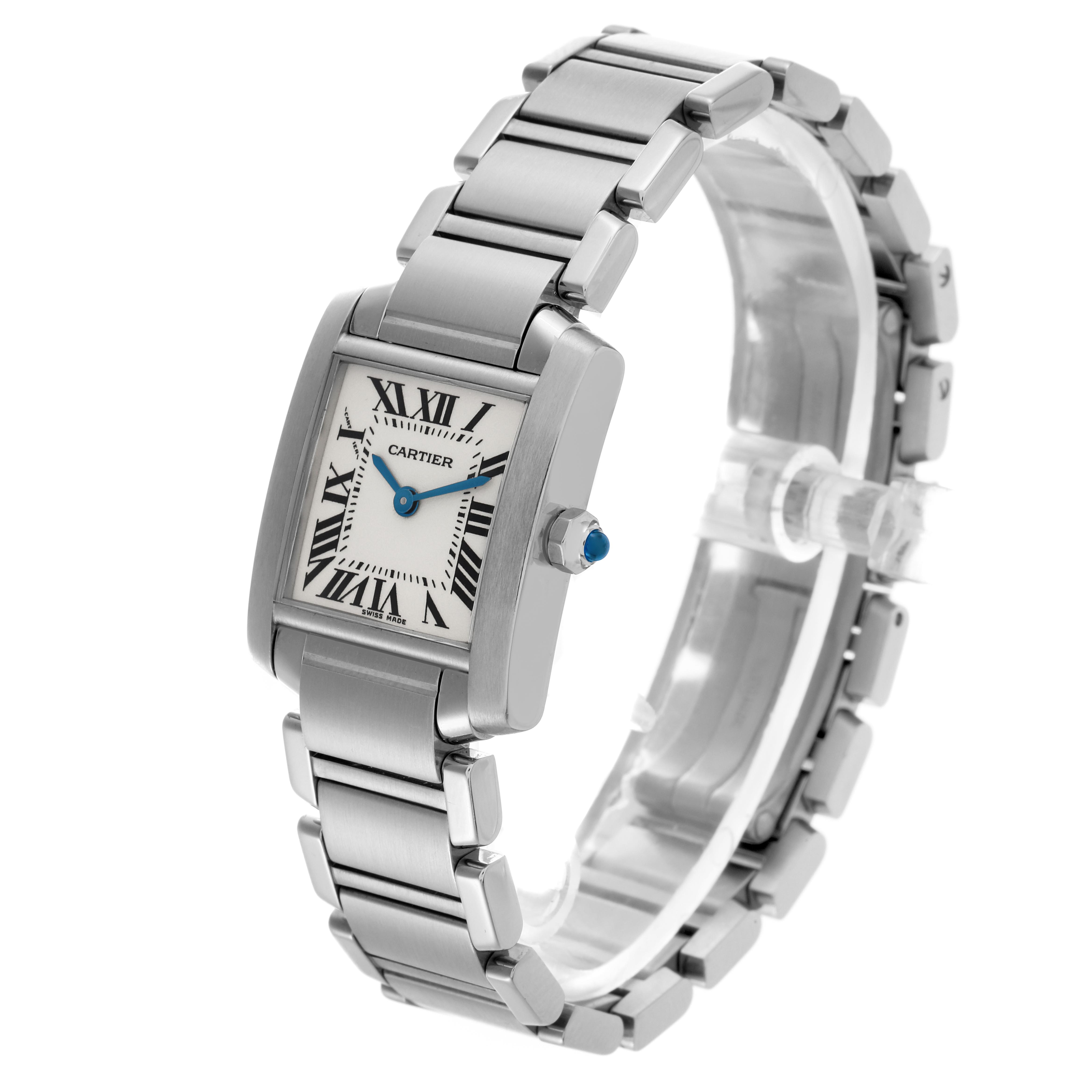 The Cartier Tank Française watch is shown at a three-quarter angle, highlighting the face, bracelet, and crown.