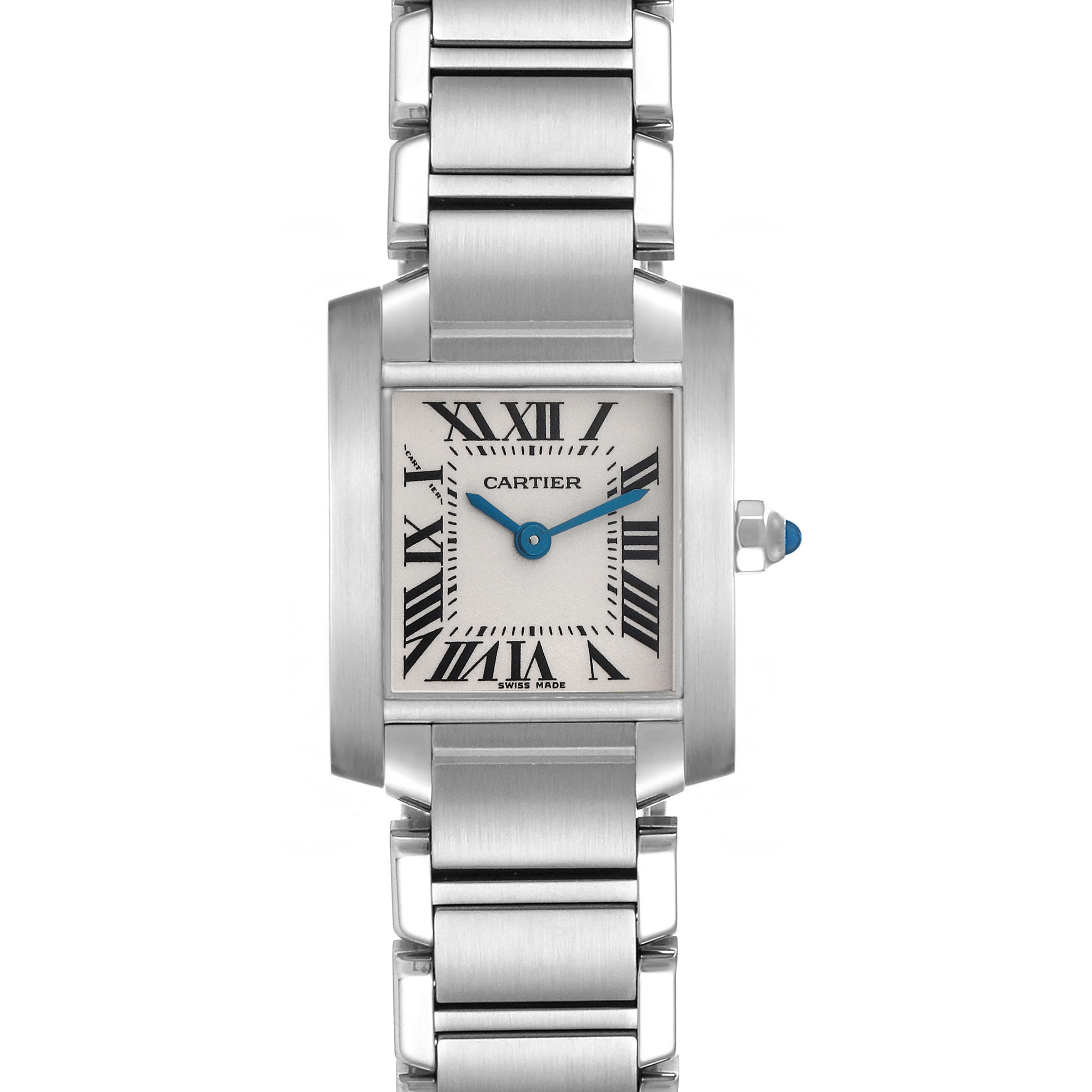 The Cartier Tank Française watch is shown from a front angle, displaying its rectangular face, Roman numerals, and link bracelet.