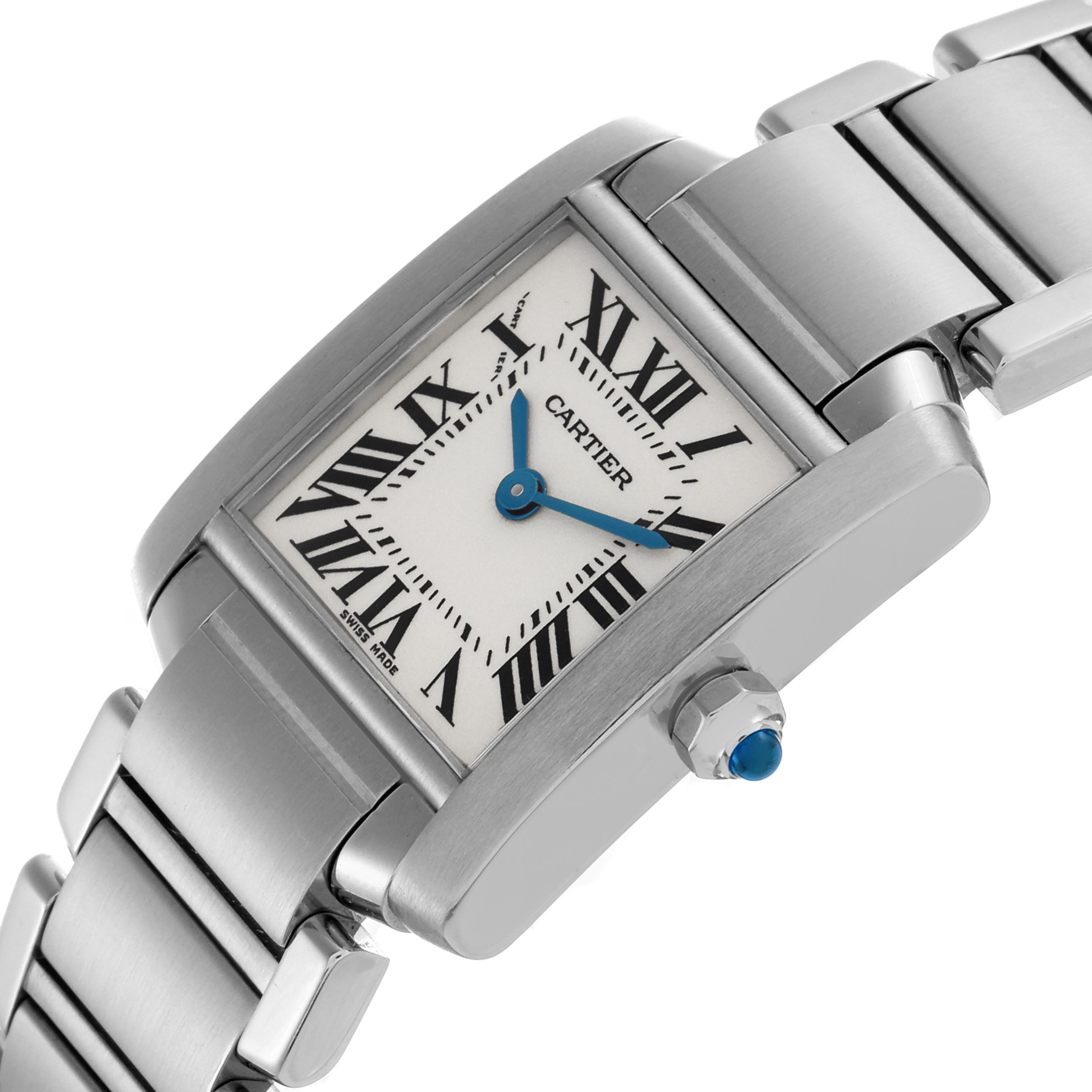 The Cartier Tank Française watch is shown at an angled side view, highlighting its face, crown, and stainless steel bracelet.