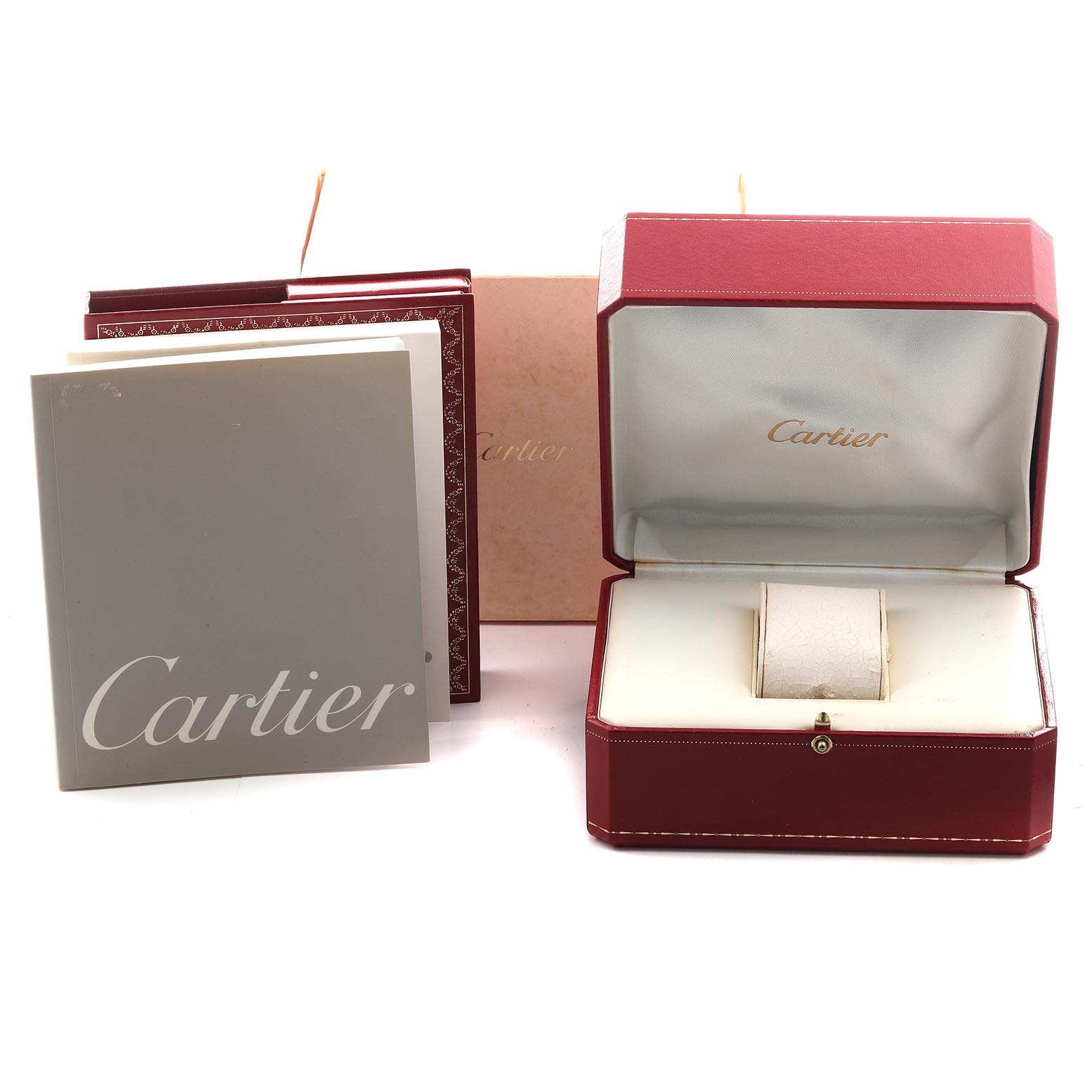 The image shows a Cartier Tank Francaise W51008Q3 Women's Stainless Steel Silver Dial W51008Q3 Women's Stainless Steel Silver Dial watch box, booklet, and packaging at a frontal angle, without the watch.