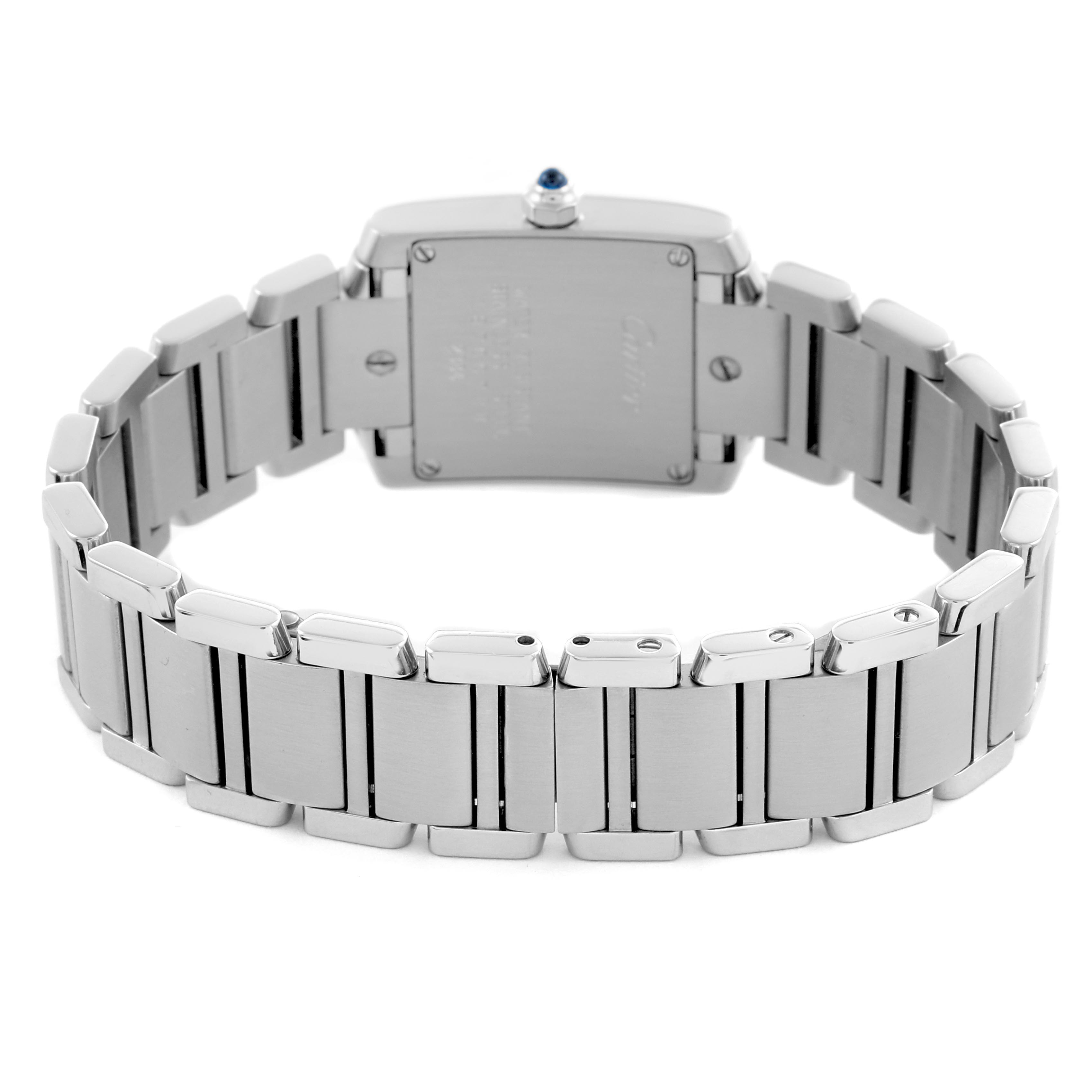 The image shows the back view of the Cartier Tank Française watch, focusing on the bracelet and case back.