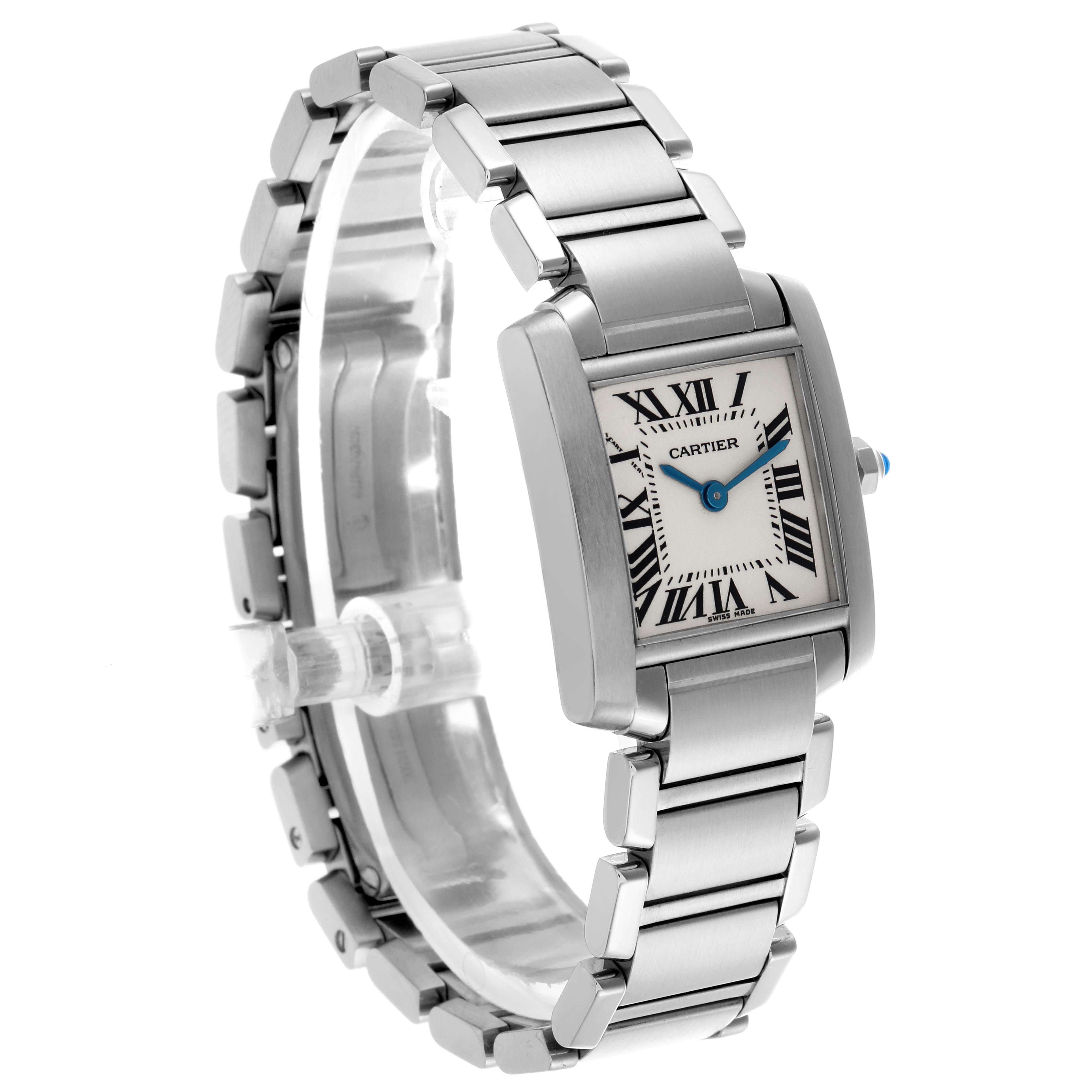 The Cartier Tank Française watch is shown at a three-quarter angle displaying the face, bracelet, and side profile.