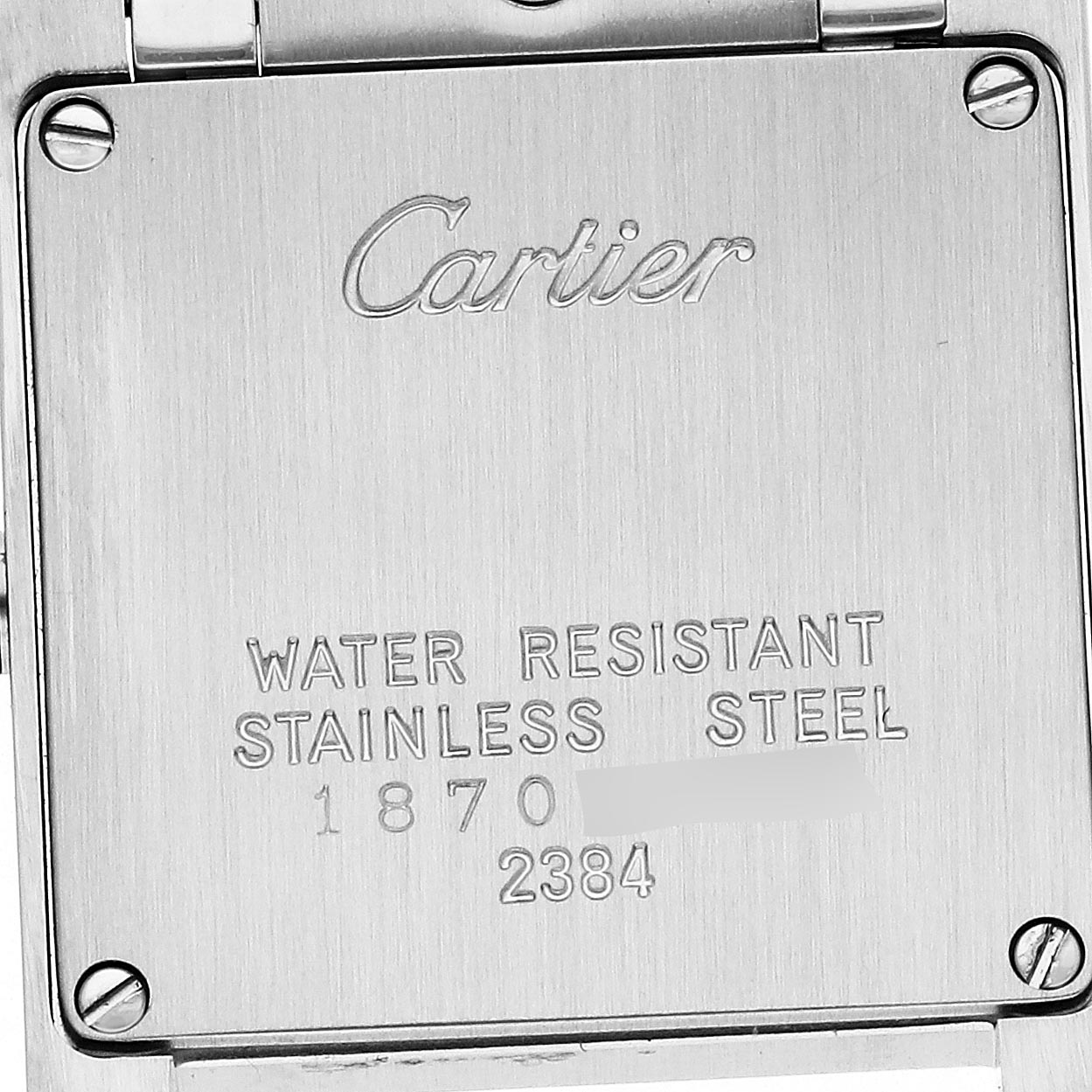 The image shows the back case of the Cartier Tank Francaise W51008Q3 Women's Stainless Steel Silver Dial W51008Q3 Women's Stainless Steel Silver Dial watch, displaying branding, material, and model information.