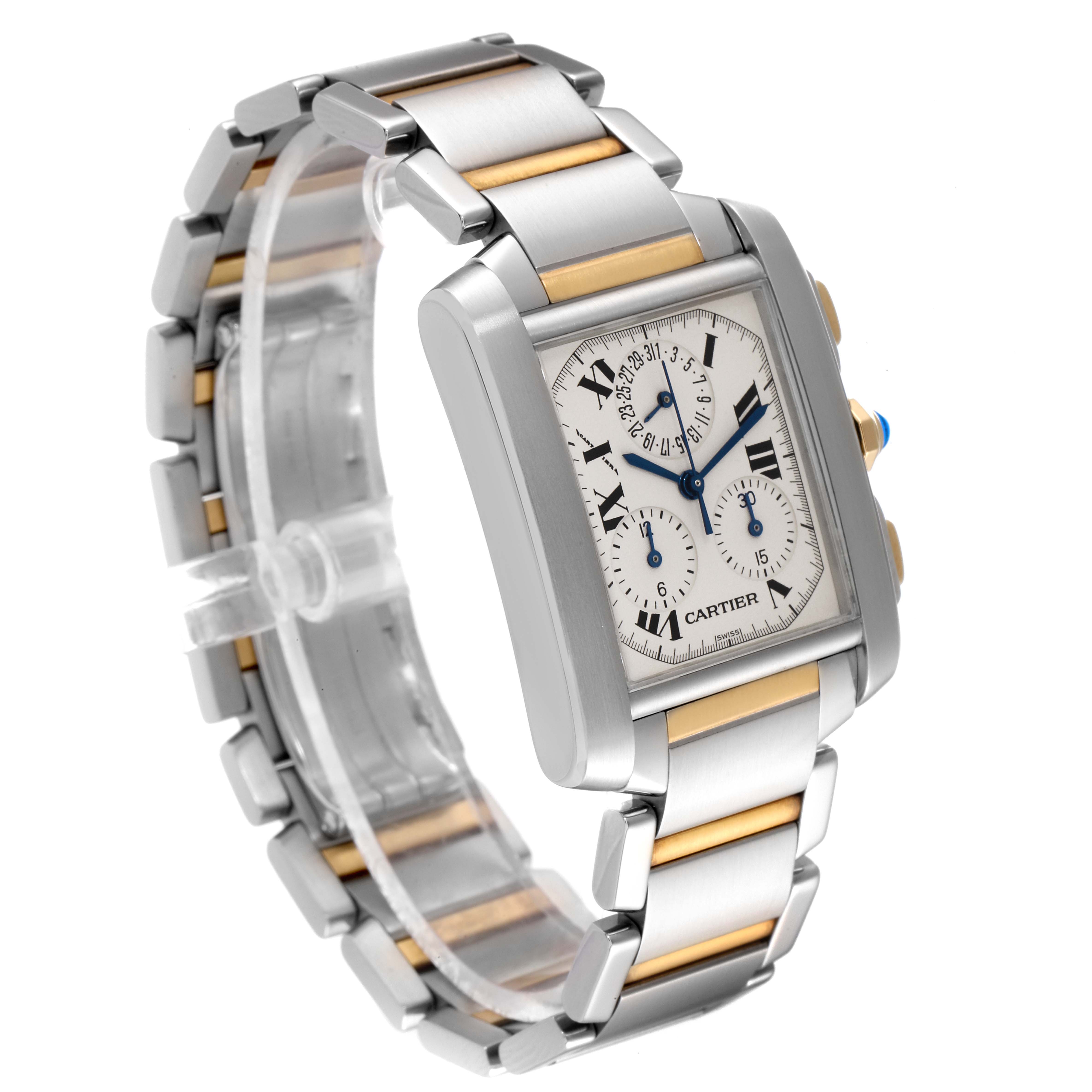 The Cartier Tank Francaise W51004Q4 Men's Steel and Gold (two tone) Silver Dial W51004Q4 Men's Steel and Gold (two tone) Silver Dial watch is shown at an angled view, displaying its dual-tone bracelet and rectangular face with three subdials.