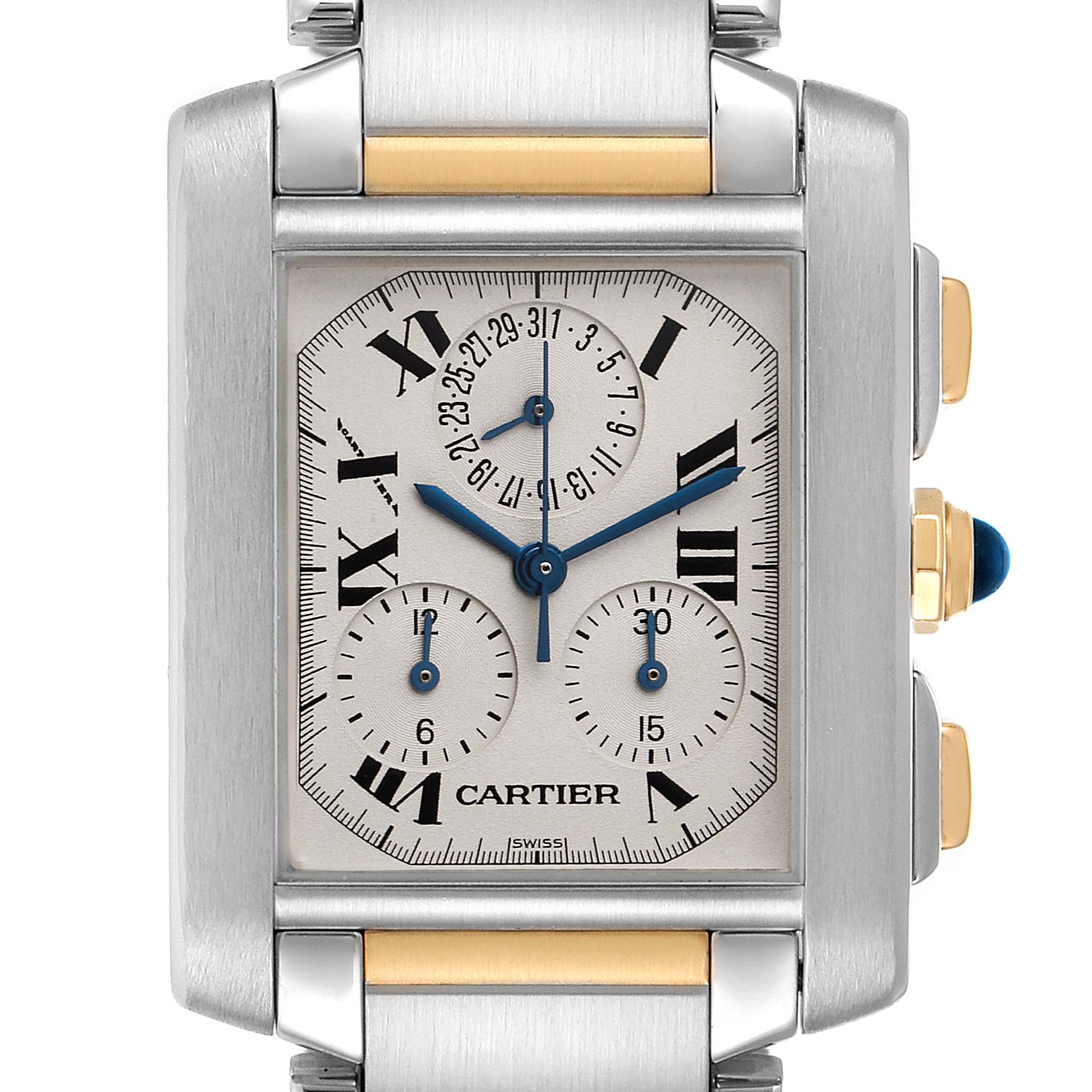 The image shows a frontal view of a Cartier Tank Francaise W51004Q4 Men's Steel and Gold (two tone) Silver Dial W51004Q4 Men's Steel and Gold (two tone) Silver Dial watch, highlighting its rectangular face, Roman numerals, and subdials.