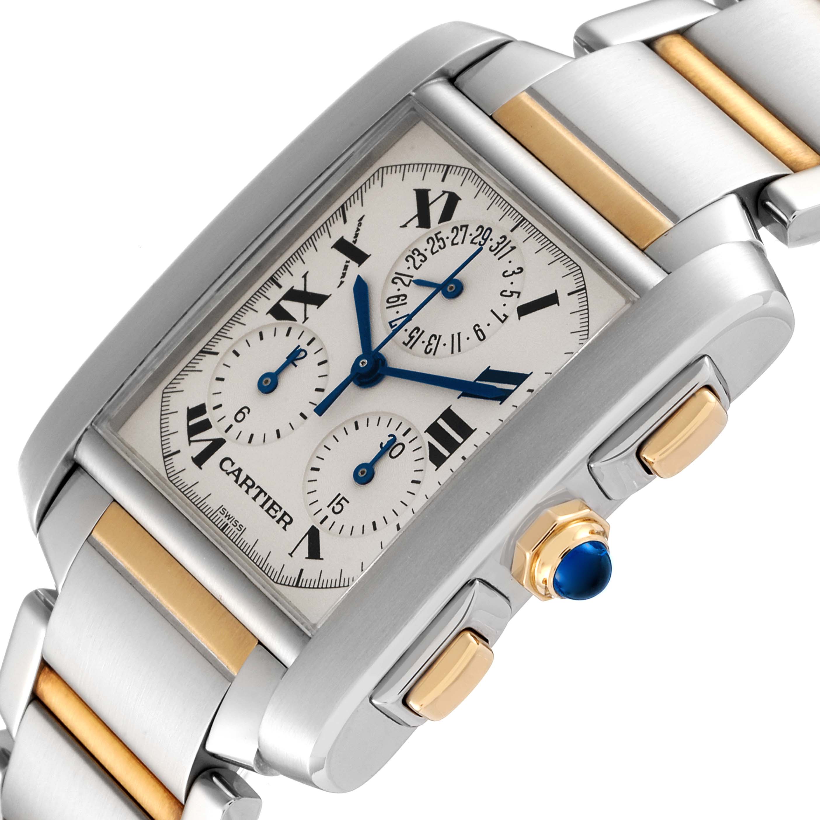 The image shows a close-up angled view of a Cartier Tank Francaise W51004Q4 Men's Steel and Gold (two tone) Silver Dial W51004Q4 Men's Steel and Gold (two tone) Silver Dial watch, highlighting the dial and part of the bracelet.