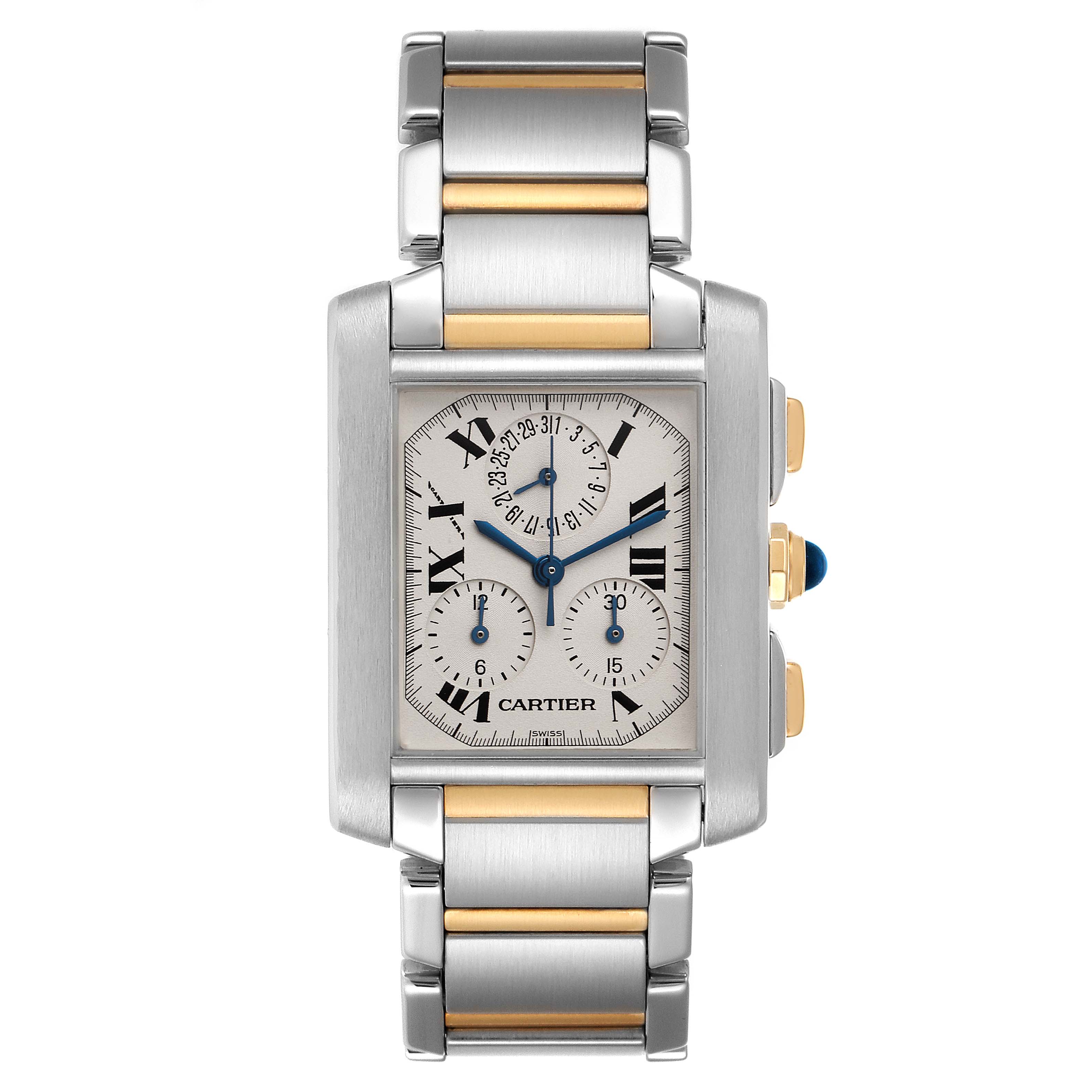 This is a front view of the Cartier Tank Francaise W51004Q4 Men's Steel and Gold (two tone) Silver Dial W51004Q4 Men's Steel and Gold (two tone) Silver Dial watch, displaying the face, bracelet, and side buttons.