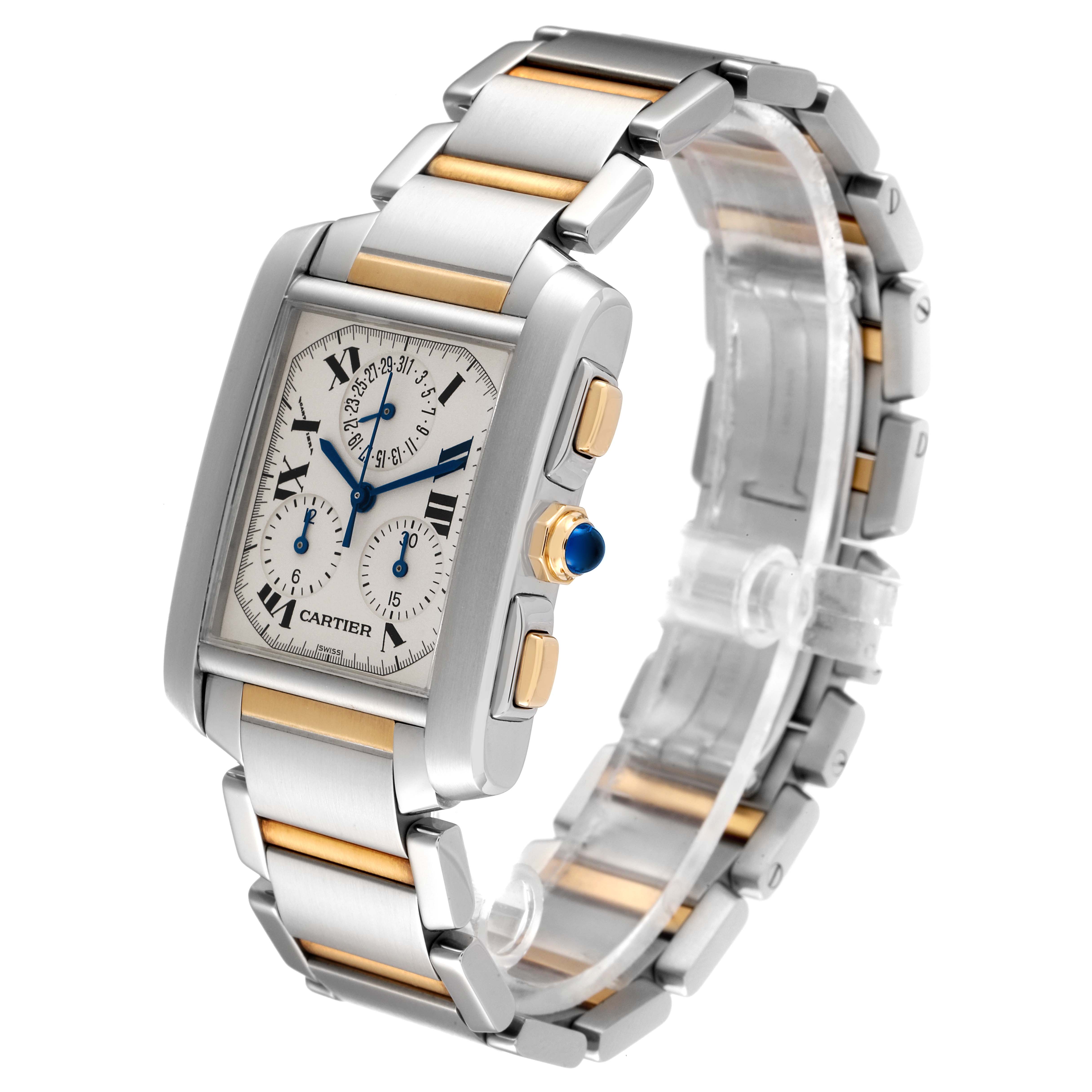The Cartier Tank Francaise W51004Q4 Men's Steel and Gold (two tone) Silver Dial W51004Q4 Men's Steel and Gold (two tone) Silver Dial watch is shown from an angled side-front view, displaying its face, strap, and crown.