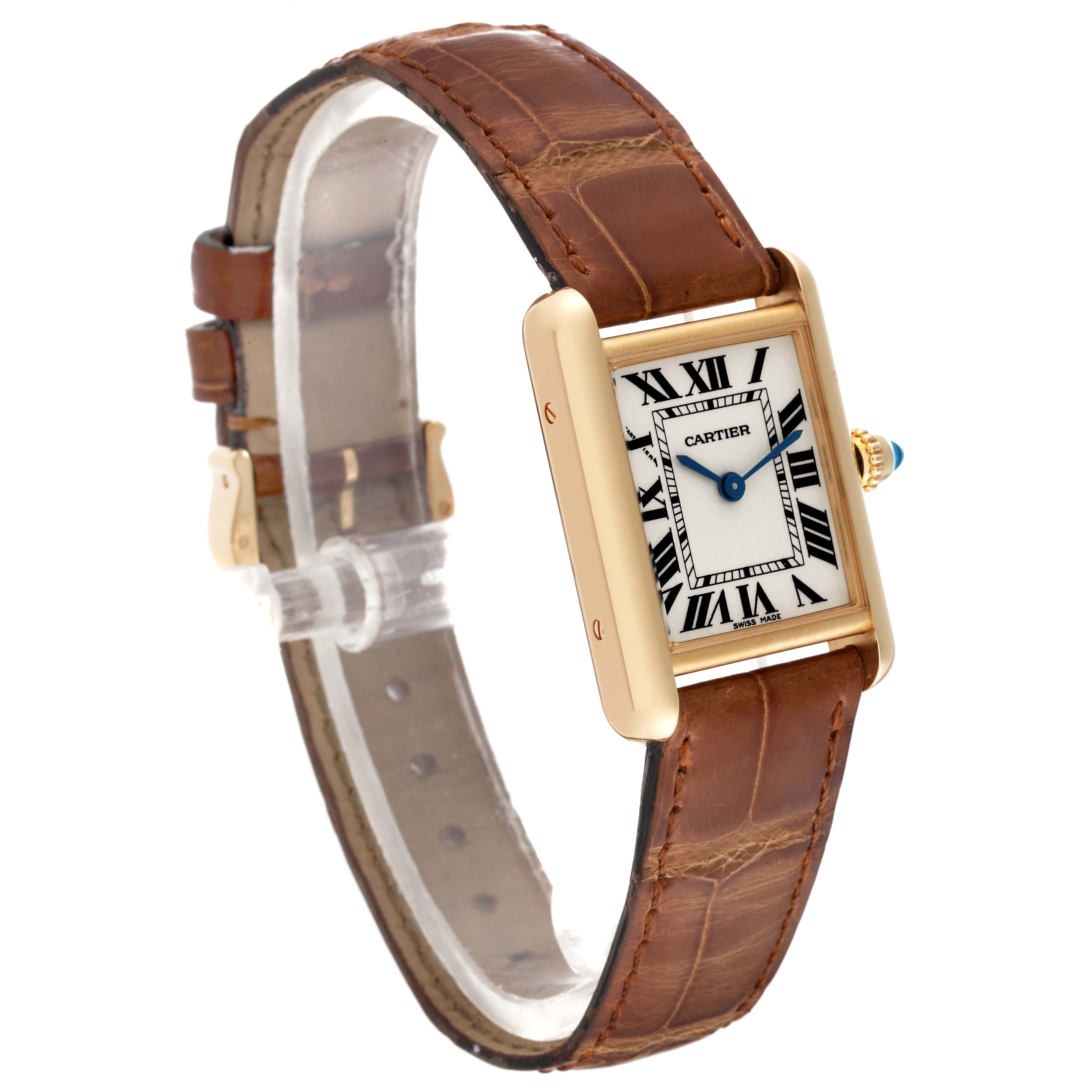 This image shows a front-side view of the Cartier Tank Louis W1529856 Women's Yellow Gold Silver Dial W1529856 Women's Yellow Gold Silver Dial watch, highlighting its brown leather strap and rectangular face.