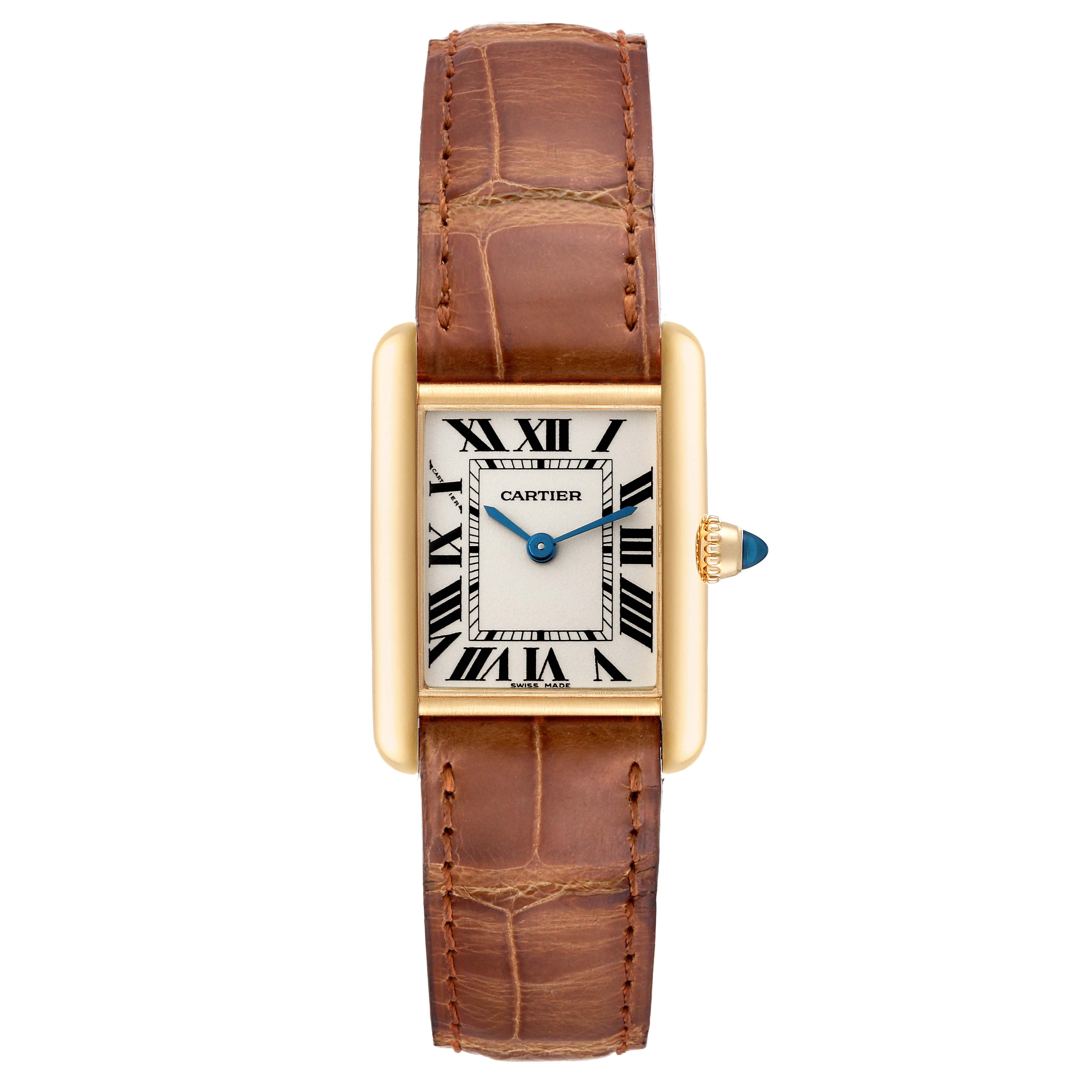 The image shows a front view of a Cartier Tank Louis W1529856 Women's Yellow Gold Silver Dial W1529856 Women's Yellow Gold Silver Dial watch, highlighting its brown leather strap, gold case, and roman numeral dial.