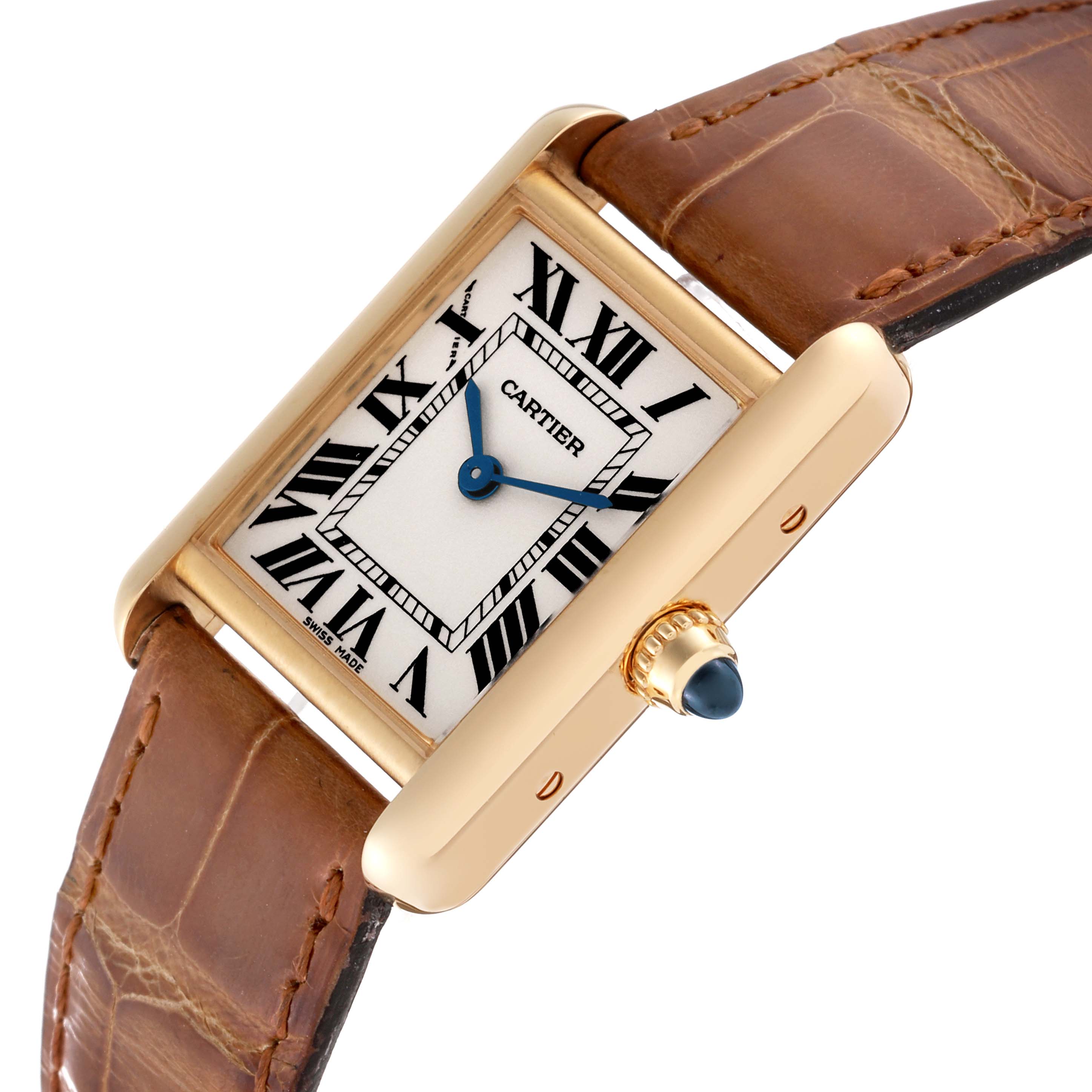 The image shows a Tank Louis watch by Cartier at an angled top-down view, highlighting the dial, crown, and leather strap.