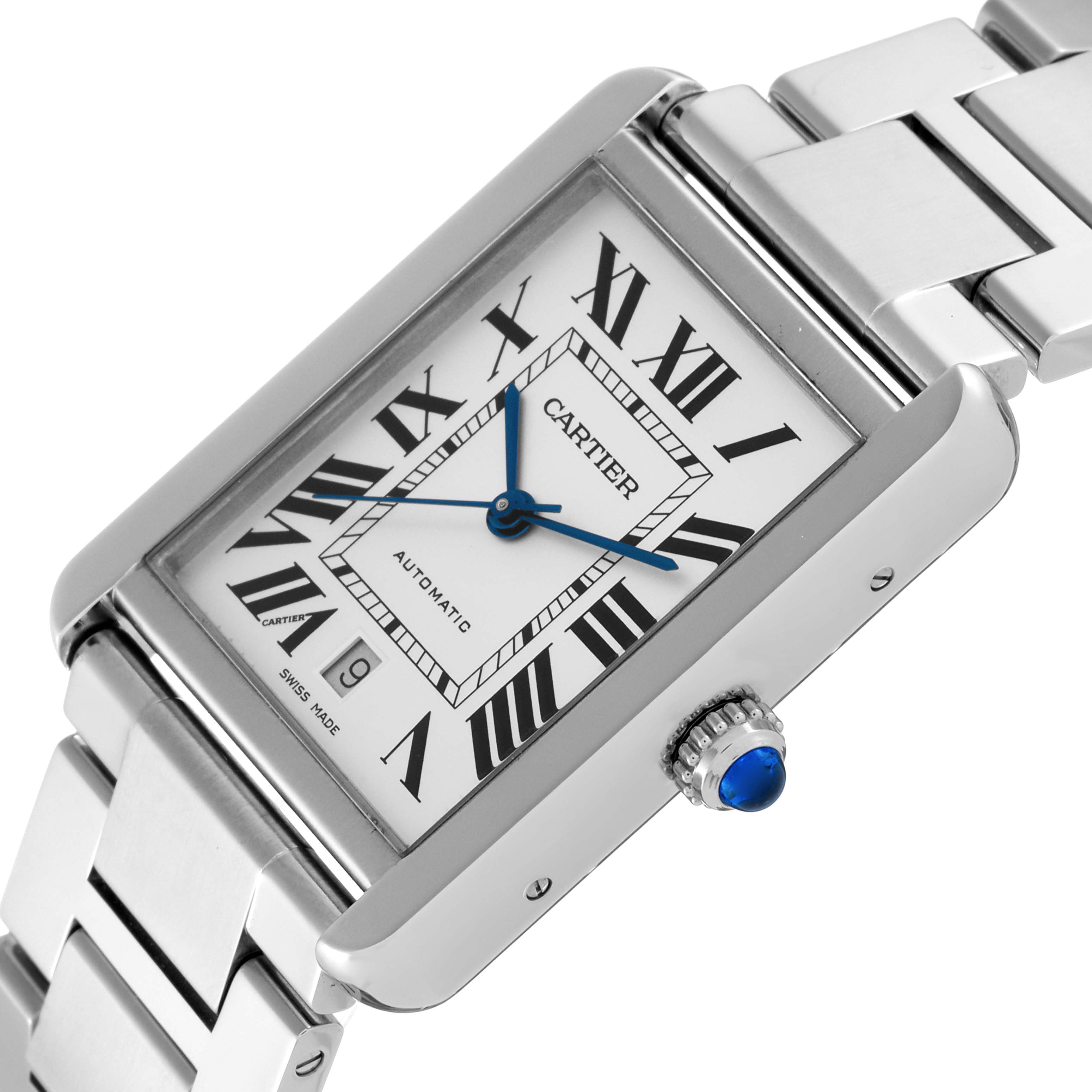 The image shows a close-up angled view of a Cartier Tank Solo W5200028 Men
s Stainless Steel Silver Dial W5200028 Men
s Stainless Steel Silver Dial watch, highlighting its face, crown with a blue jewel, and part of the metal bracelet.
