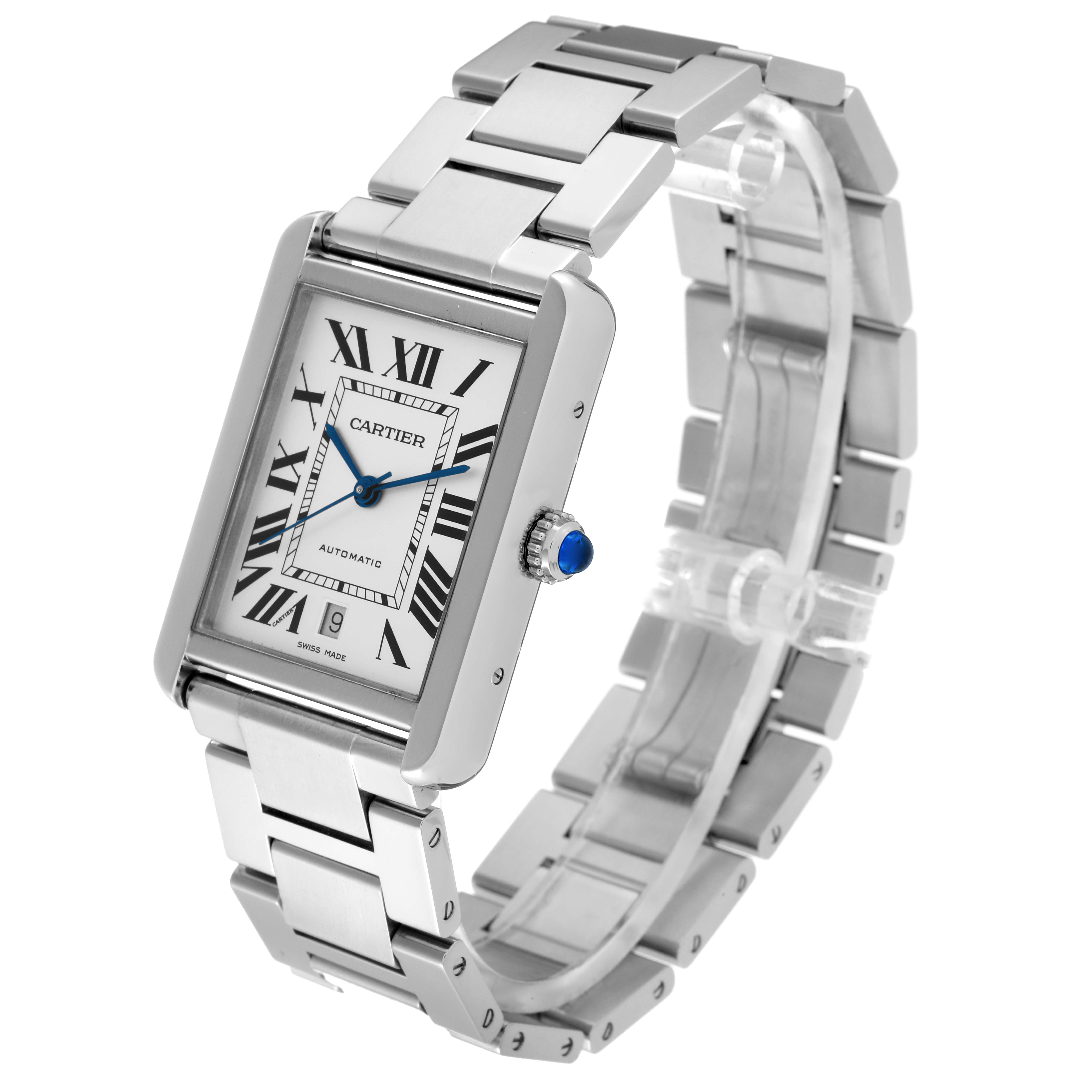 The image shows a Cartier Tank Solo W5200028 Men
s Stainless Steel Silver Dial W5200028 Men
s Stainless Steel Silver Dial watch from an angled side view, highlighting its face, bracelet, and crown with a blue stone.