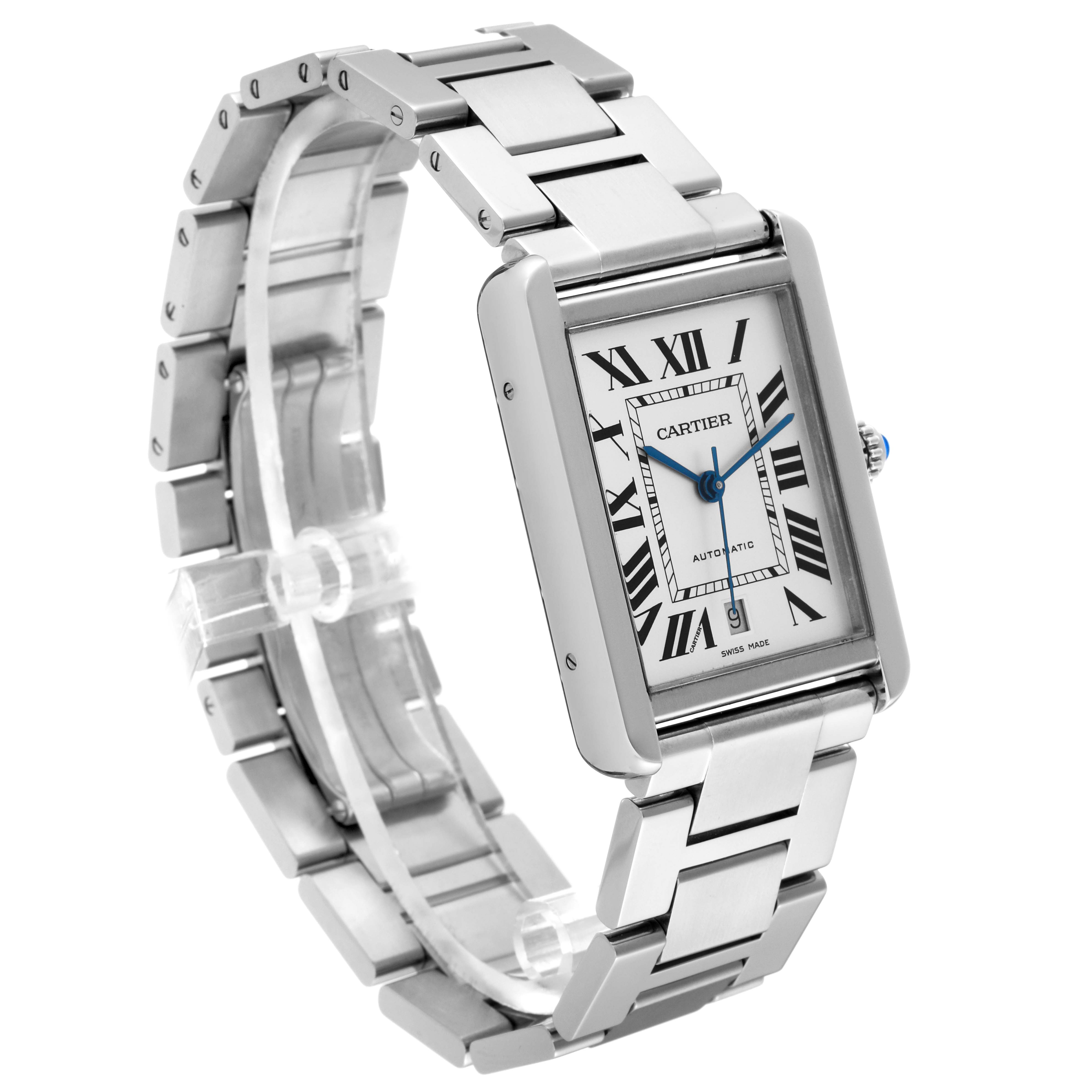 The image shows a Cartier Tank Solo W5200028 Men
s Stainless Steel Silver Dial W5200028 Men
s Stainless Steel Silver Dial watch at a three-quarter angle, highlighting the face, bezel, bracelet, and crown.