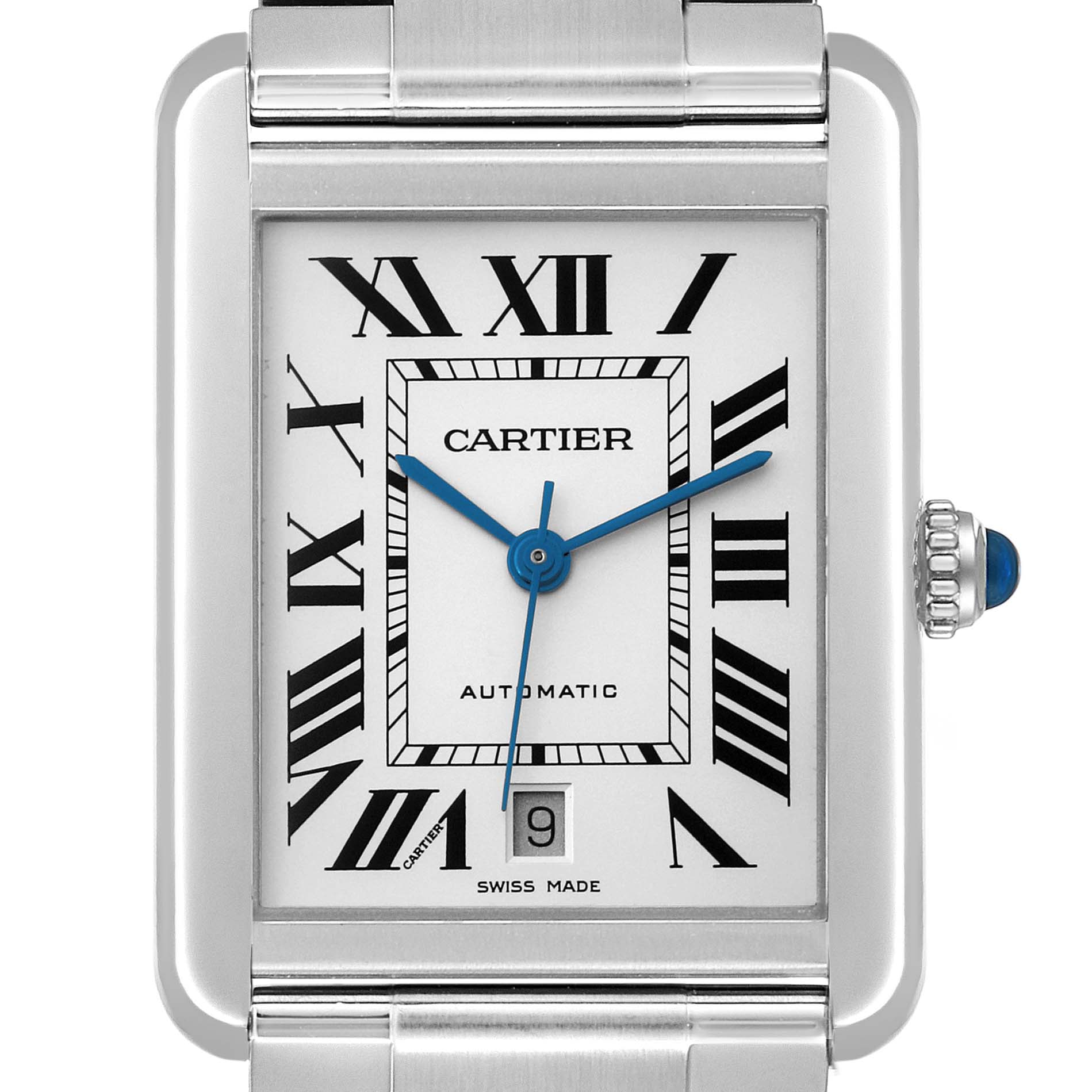 The image shows a frontal view of the Cartier Tank Solo W5200028 Men
s Stainless Steel Silver Dial W5200028 Men
s Stainless Steel Silver Dial watch face, featuring Roman numerals, blue hands, and a date window.