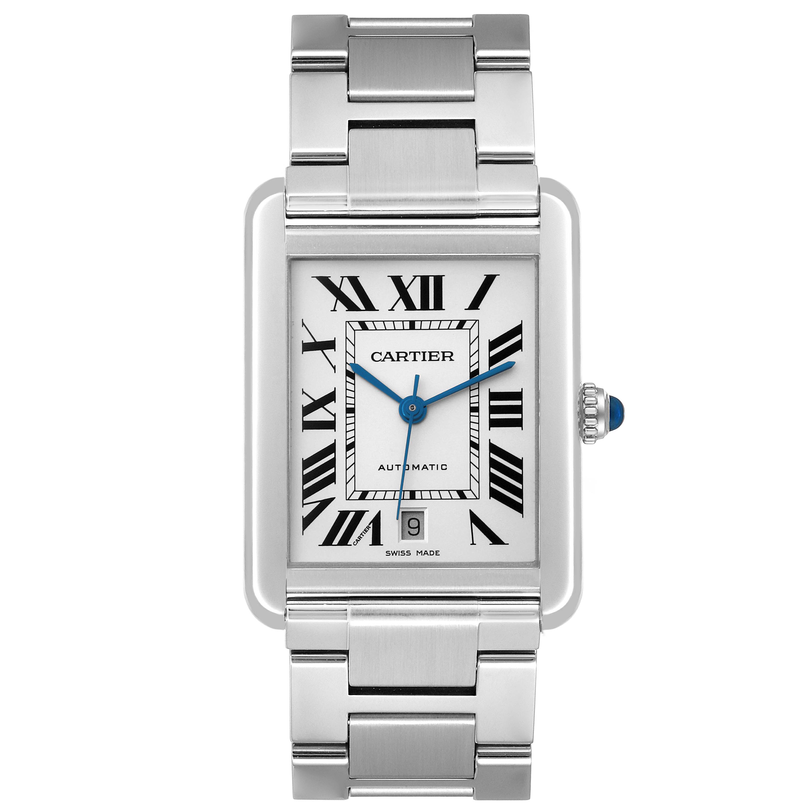 This is a front view of a Cartier Tank Solo W5200028 Men
s Stainless Steel Silver Dial W5200028 Men
s Stainless Steel Silver Dial watch, showing the face, Roman numerals, blue hands, date window, and metal bracelet.