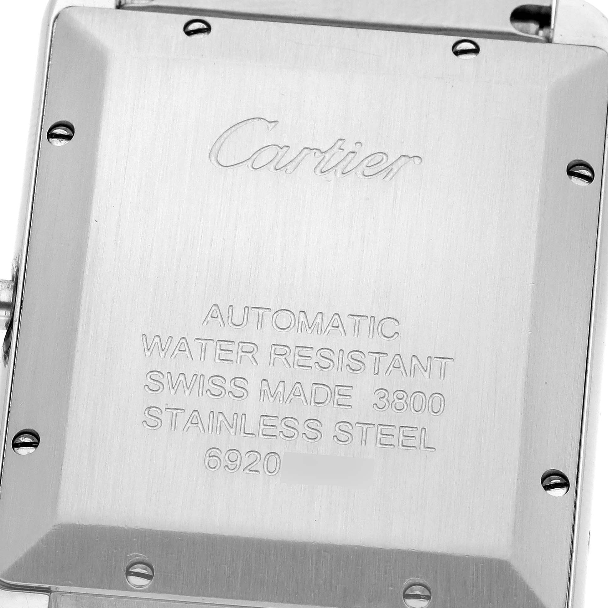 This is the back view of the Cartier Tank Solo W5200028 Men
s Stainless Steel Silver Dial W5200028 Men
s Stainless Steel Silver Dial watch, showing inscriptions on the stainless steel case.