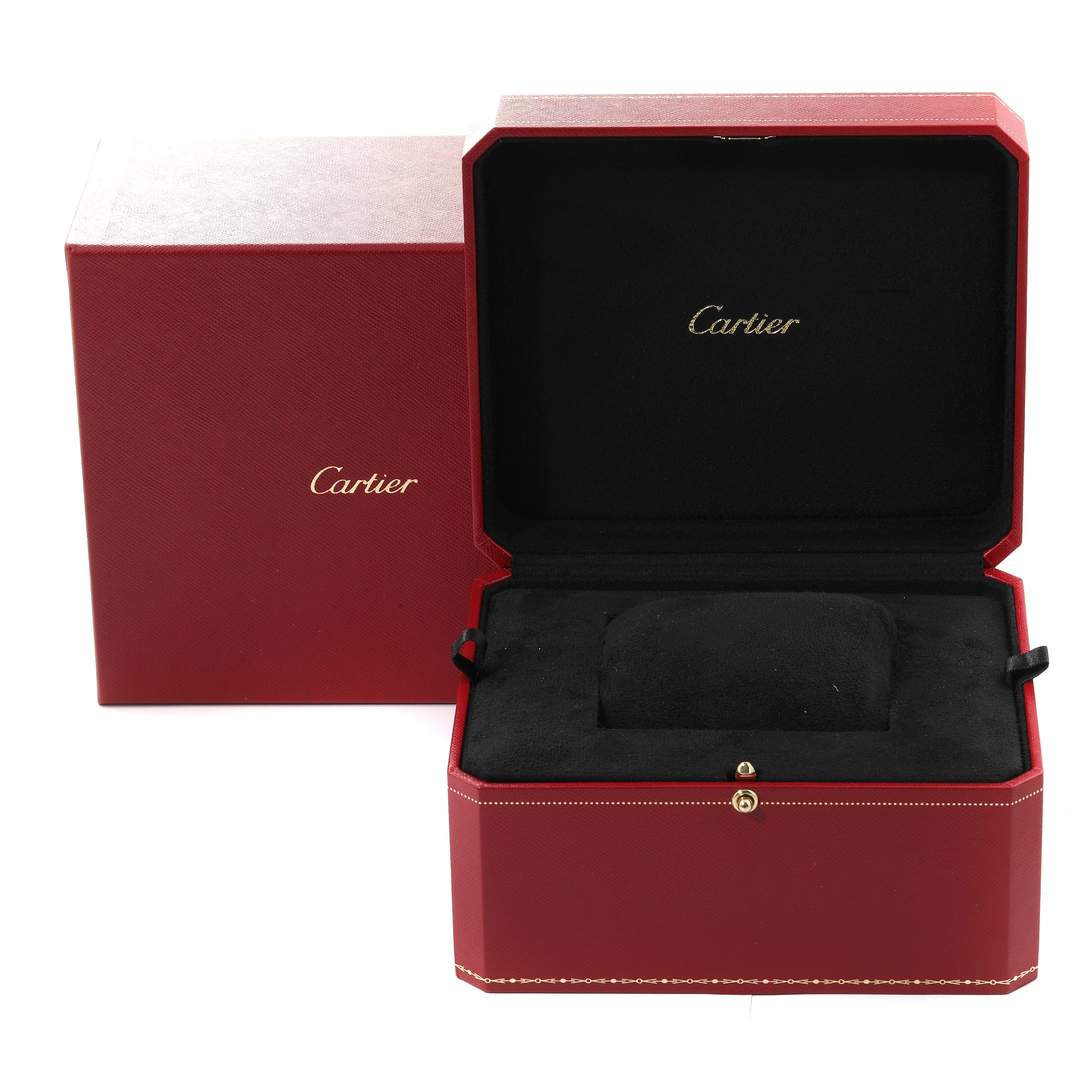 This image shows an open Cartier Tortue WA507031 Women
s Rose Gold Silver Dial WA507031 Women
s Rose Gold Silver Dial watch box at a front angle, with the outer box beside it.