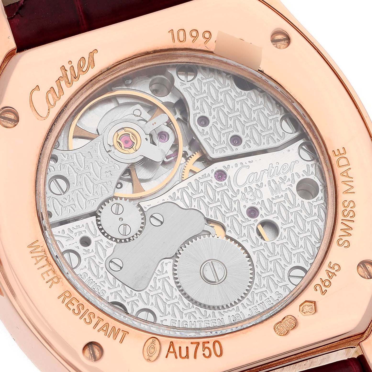 The image shows the detailed back view of the movement mechanism of a Cartier Tortue WA507031 Women
s Rose Gold Silver Dial WA507031 Women
s Rose Gold Silver Dial watch.