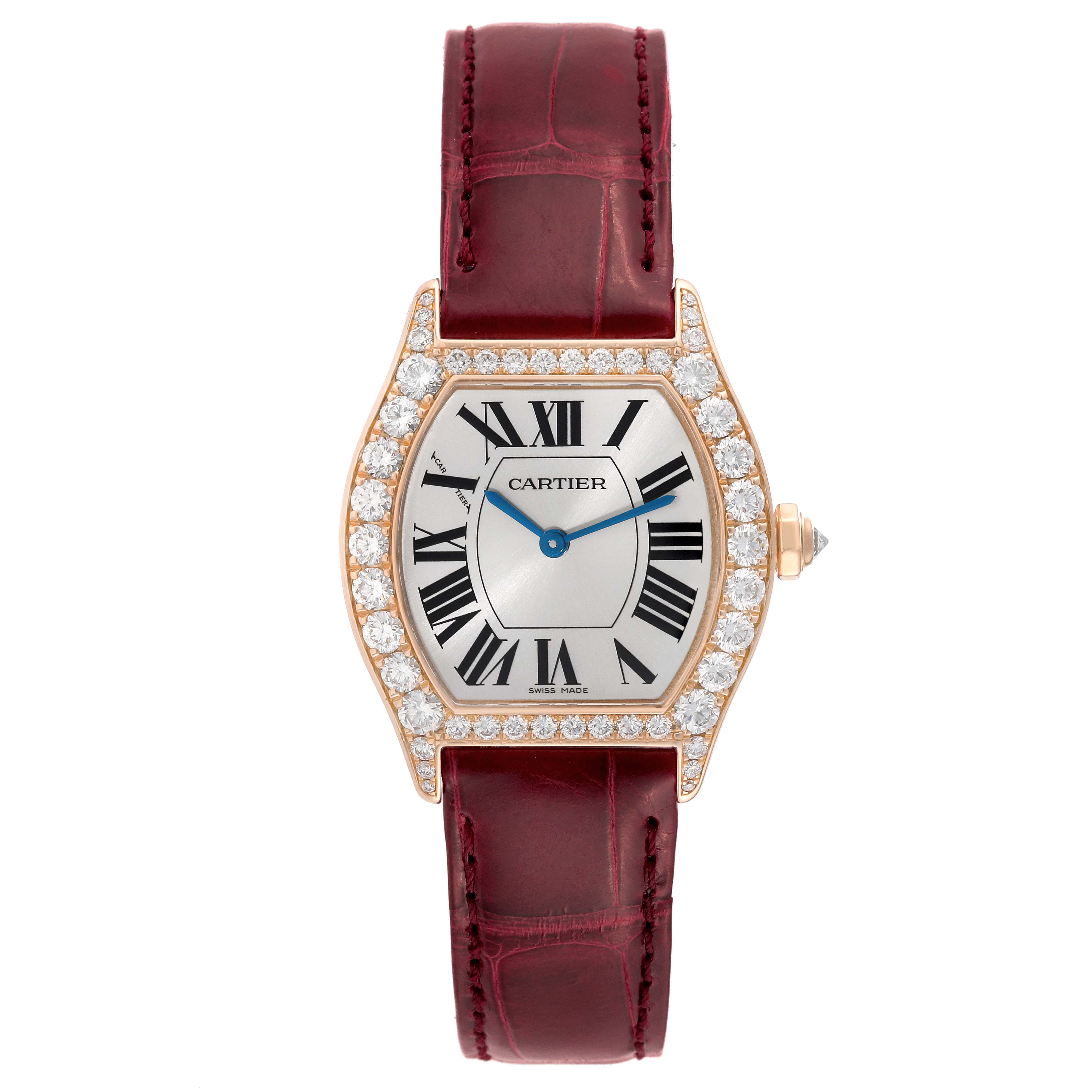 The image shows a front view of the Cartier Tortue WA507031 Women
s Rose Gold Silver Dial WA507031 Women
s Rose Gold Silver Dial watch, highlighting its dial, case, bezel with diamonds, and leather strap.