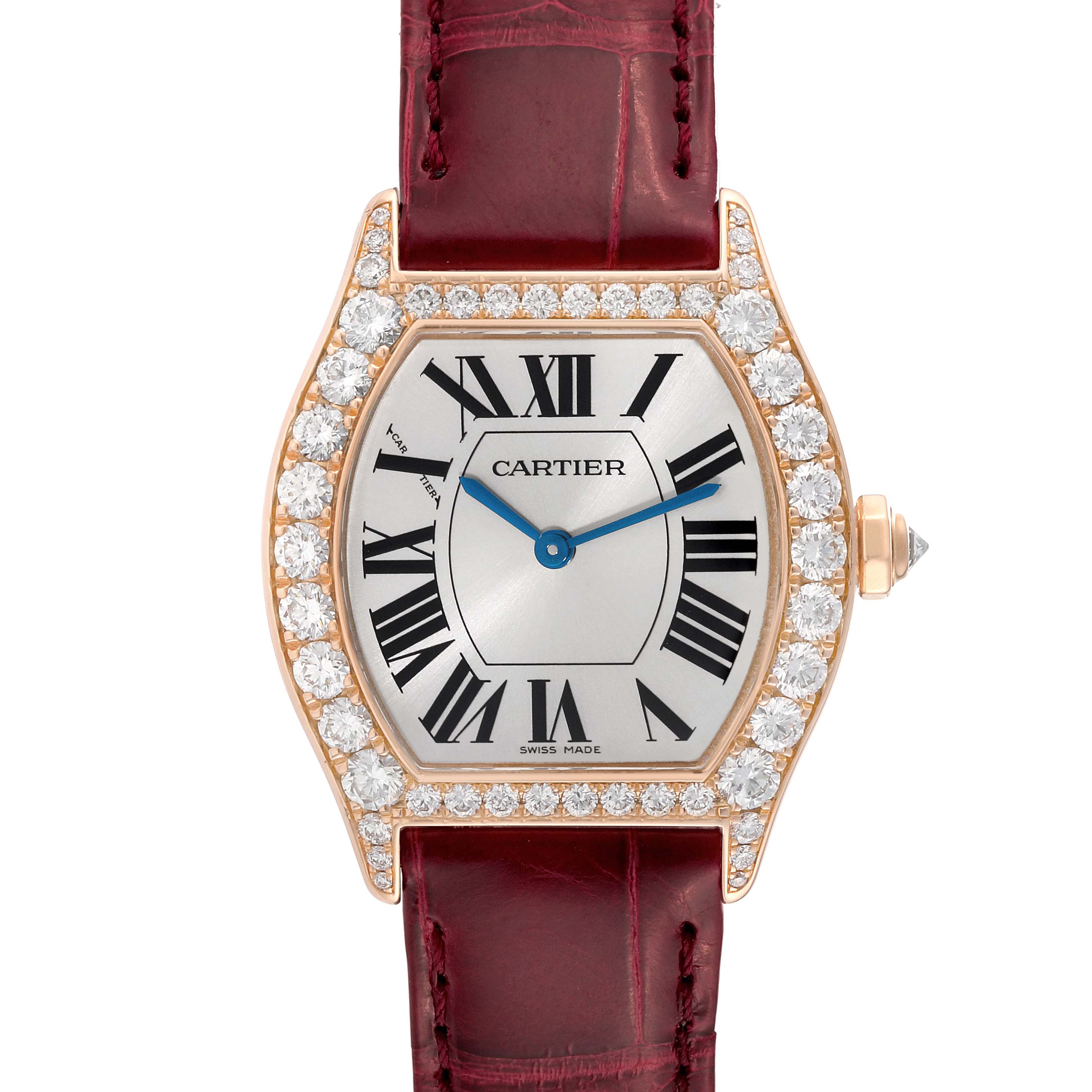 The image shows a top-down view of a Cartier Tortue WA507031 Women
s Rose Gold Silver Dial WA507031 Women
s Rose Gold Silver Dial watch, displaying the face, case, and strap attachment.
