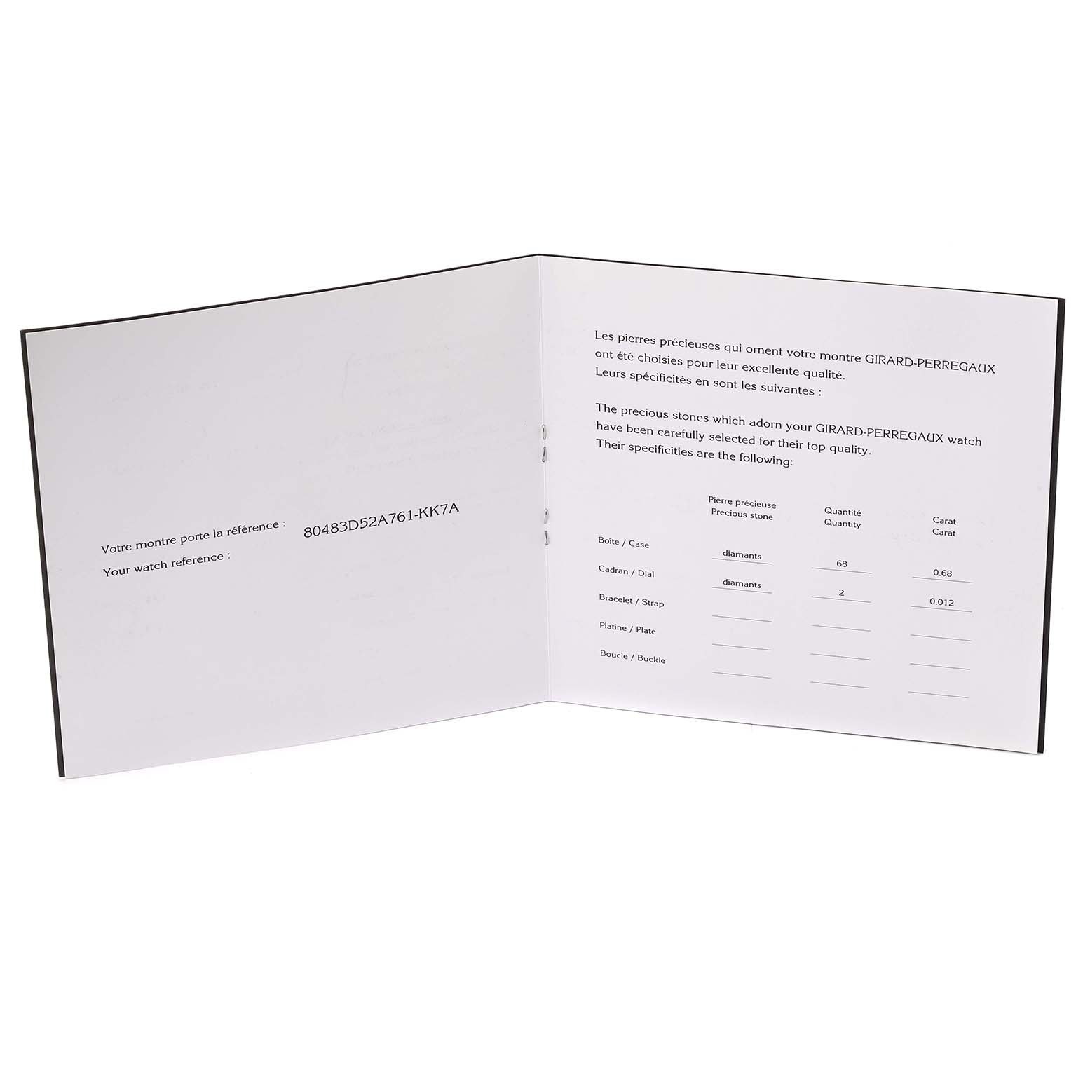 This image shows the open documentation with specifications for the Girard Perregaux Cat's Eye Rose Gold Mother Of Pearl Diamond Ladies Watch 80483.