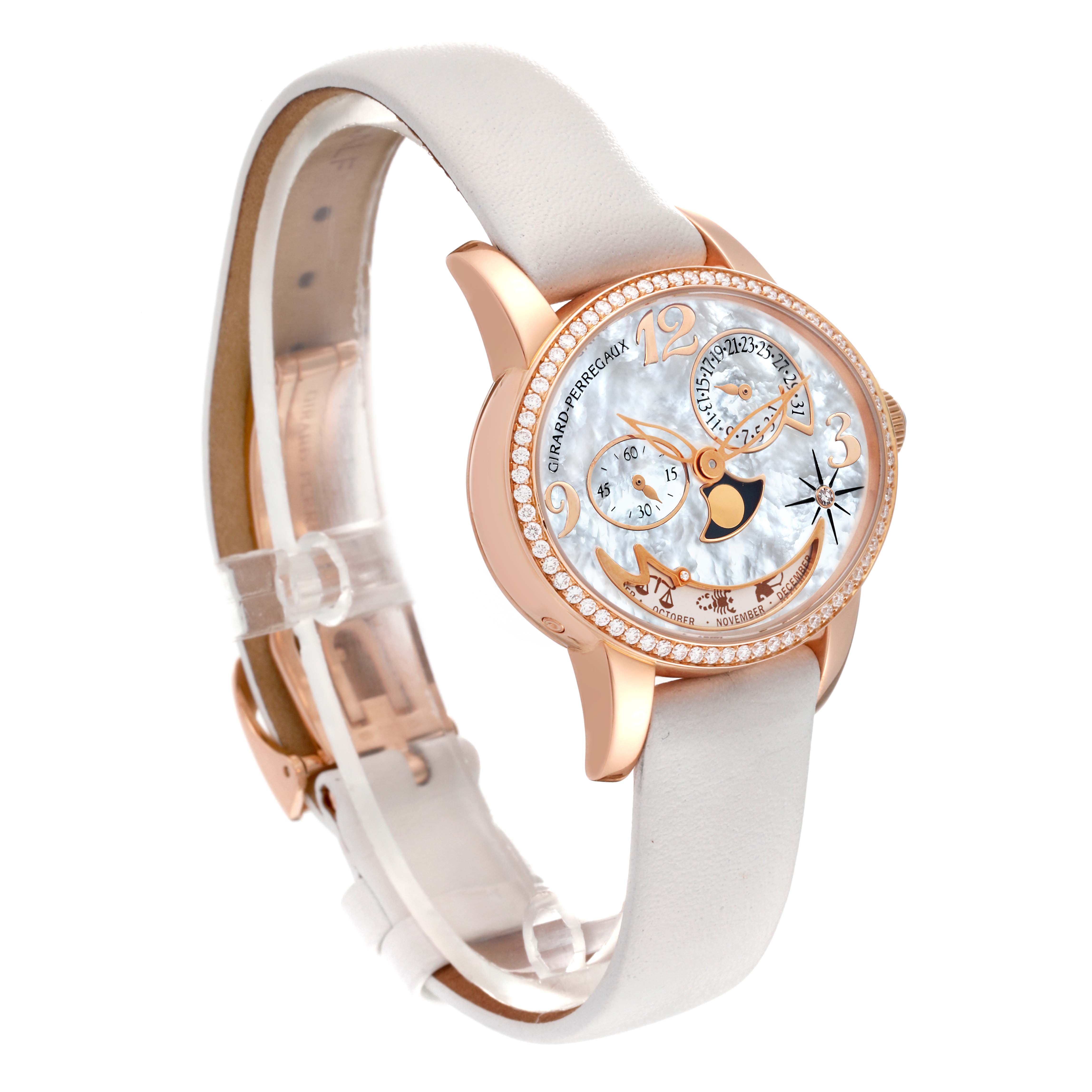 The image shows a Girard-Perregaux 80483D52A761-KK7A Women's Rose Gold Mother of Pearl Dial 80483D52A761-KK7A Women's Rose Gold Mother of Pearl Dial Cat's Eye Rose Gold Mother Of Pearl Diamond Ladies Watch 80483 at a slightly angled side view.