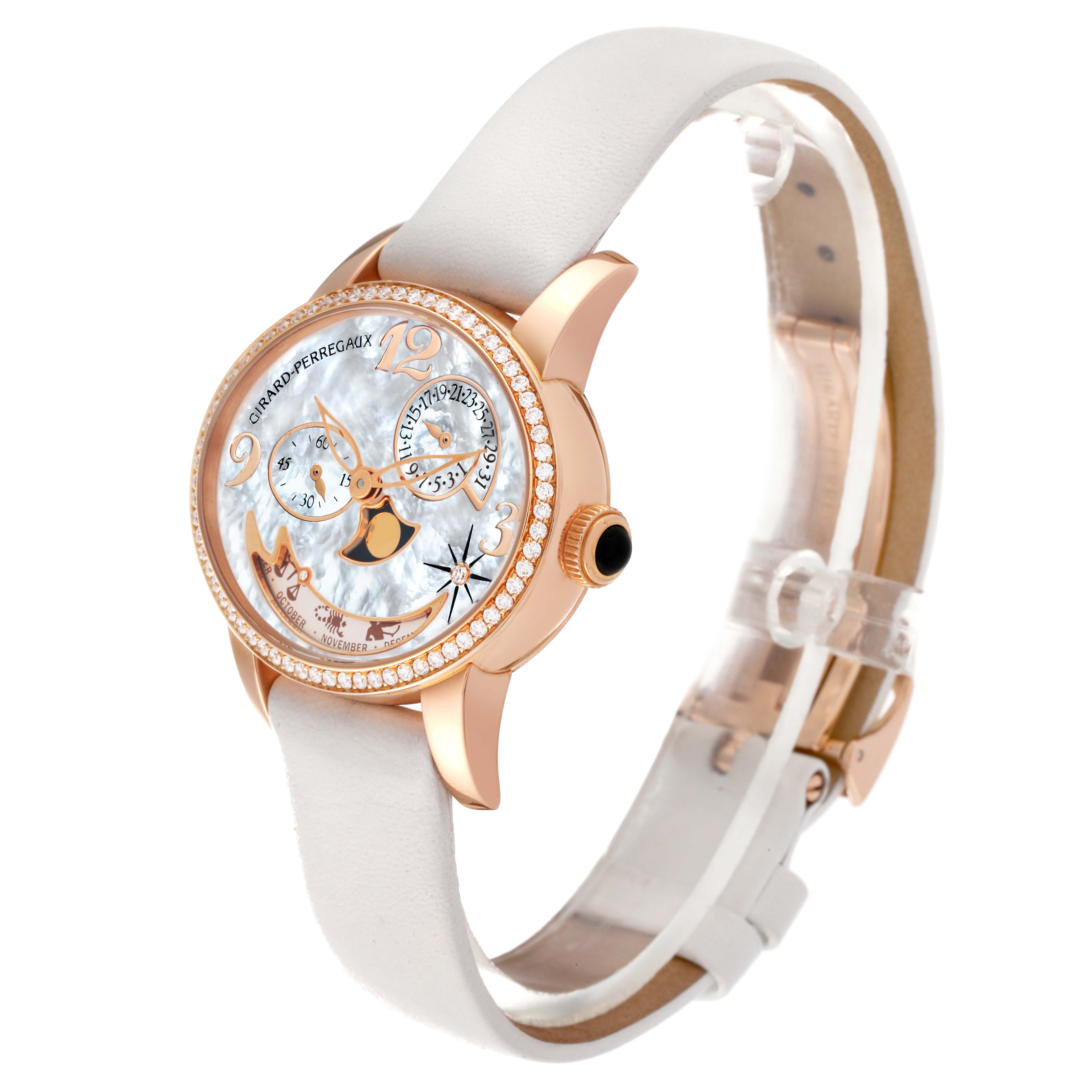 The Girard-Perregaux 80483D52A761-KK7A Women's Rose Gold Mother of Pearl Dial 80483D52A761-KK7A Women's Rose Gold Mother of Pearl Dial Cat's Eye Rose Gold Mother Of Pearl Diamond Ladies Watch 80483 is shown at a three-quarter angle showcasing the dial and strap.