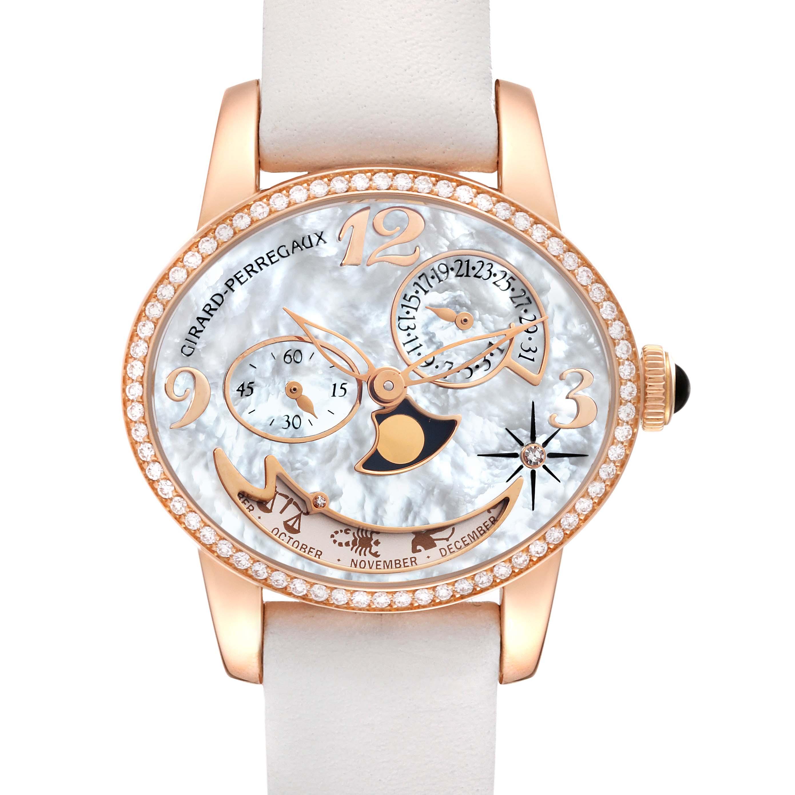 The Girard-Perregaux 80483D52A761-KK7A Women's Rose Gold Mother of Pearl Dial 80483D52A761-KK7A Women's Rose Gold Mother of Pearl Dial Cat's Eye Rose Gold Mother of Pearl Diamond Ladies Watch 80483 is shown from the front, displaying its dial and strap.