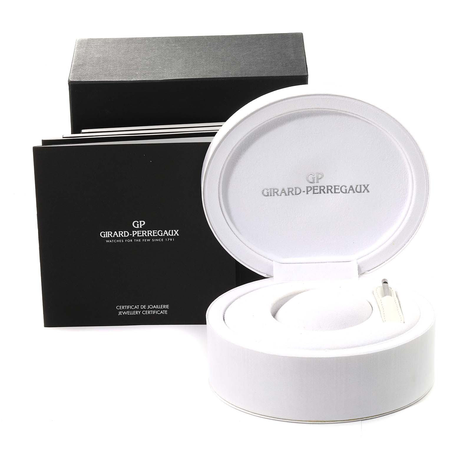 The image shows the packaging and documentation for the Girard-Perregaux 80483D52A761-KK7A Women's Rose Gold Mother of Pearl Dial 80483D52A761-KK7A Women's Rose Gold Mother of Pearl Dial Cat's Eye Rose Gold Mother Of Pearl Diamond Ladies Watch model 80483.