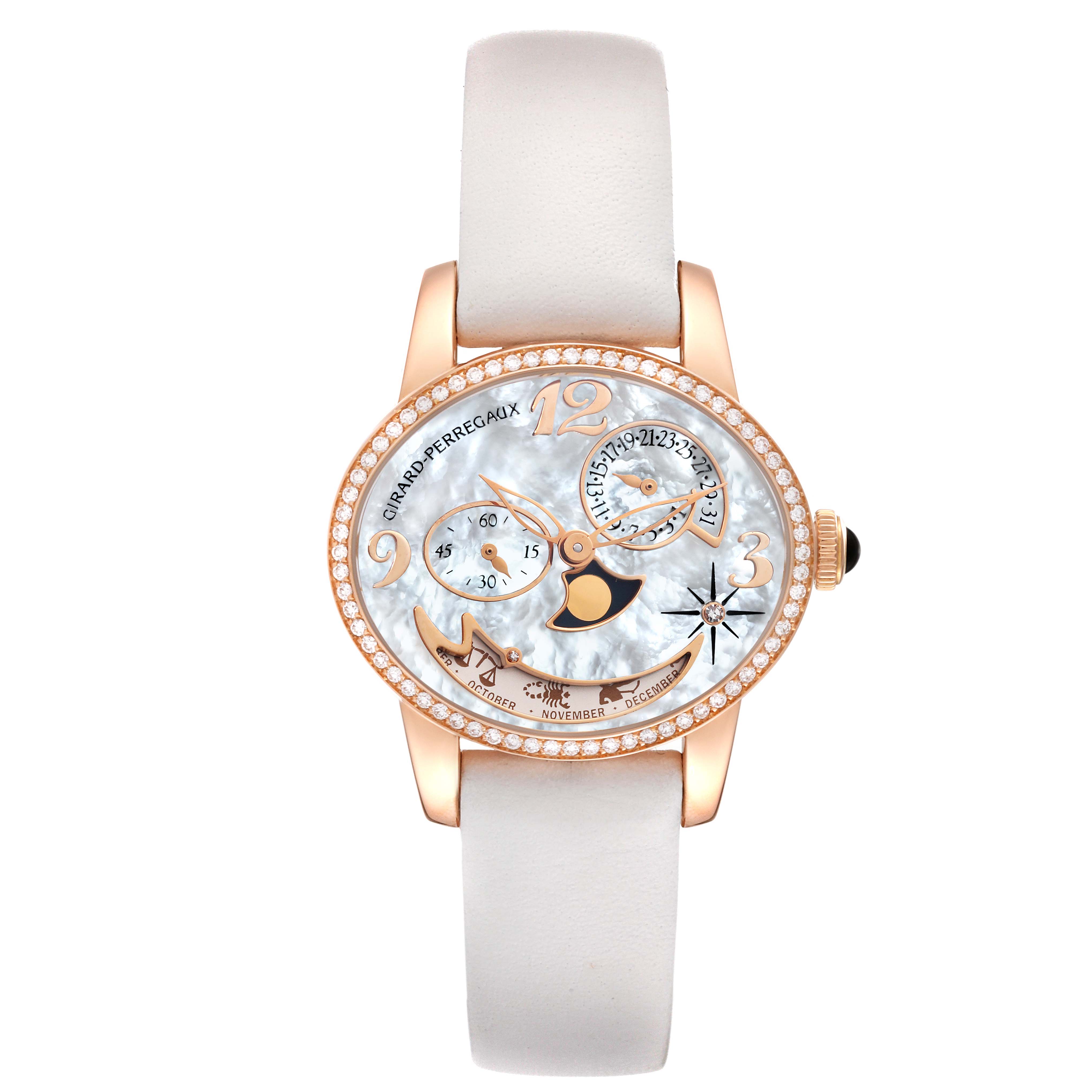The image shows an aerial view of the Girard-Perregaux 80483D52A761-KK7A Women's Rose Gold Mother of Pearl Dial 80483D52A761-KK7A Women's Rose Gold Mother of Pearl Dial Cat's Eye Rose Gold Mother Of Pearl Diamond Ladies Watch 80483, featuring its face and strap.