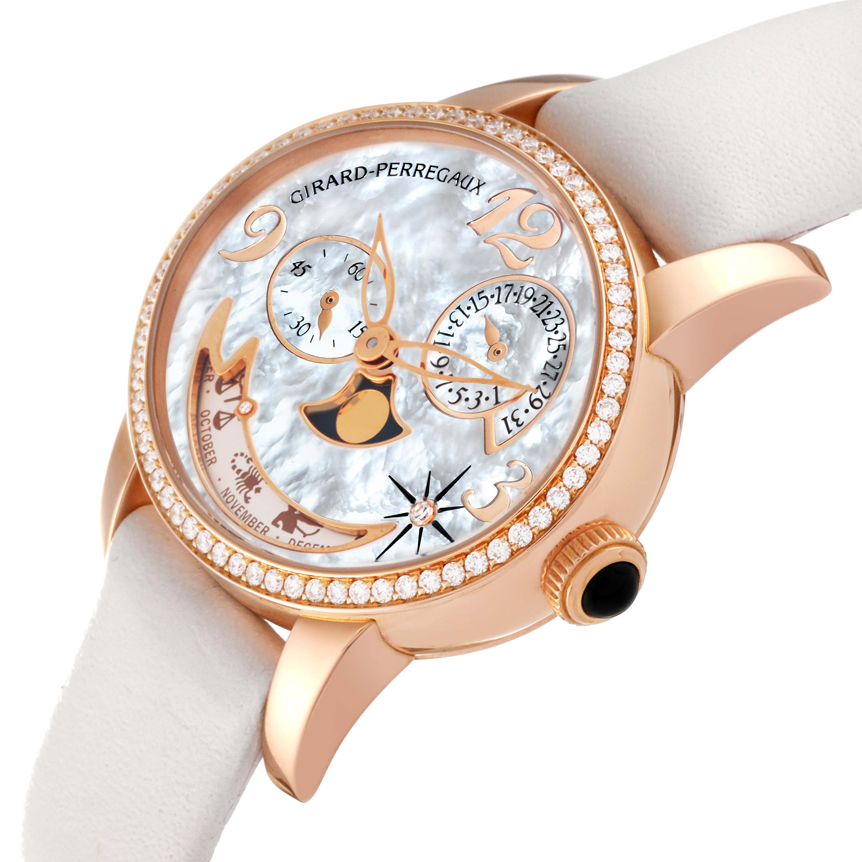 This image shows an angled view of the Girard-Perregaux 80483D52A761-KK7A Women's Rose Gold Mother of Pearl Dial 80483D52A761-KK7A Women's Rose Gold Mother of Pearl Dial Cat's Eye Rose Gold Mother Of Pearl Diamond Ladies Watch 80483, capturing its face and side.