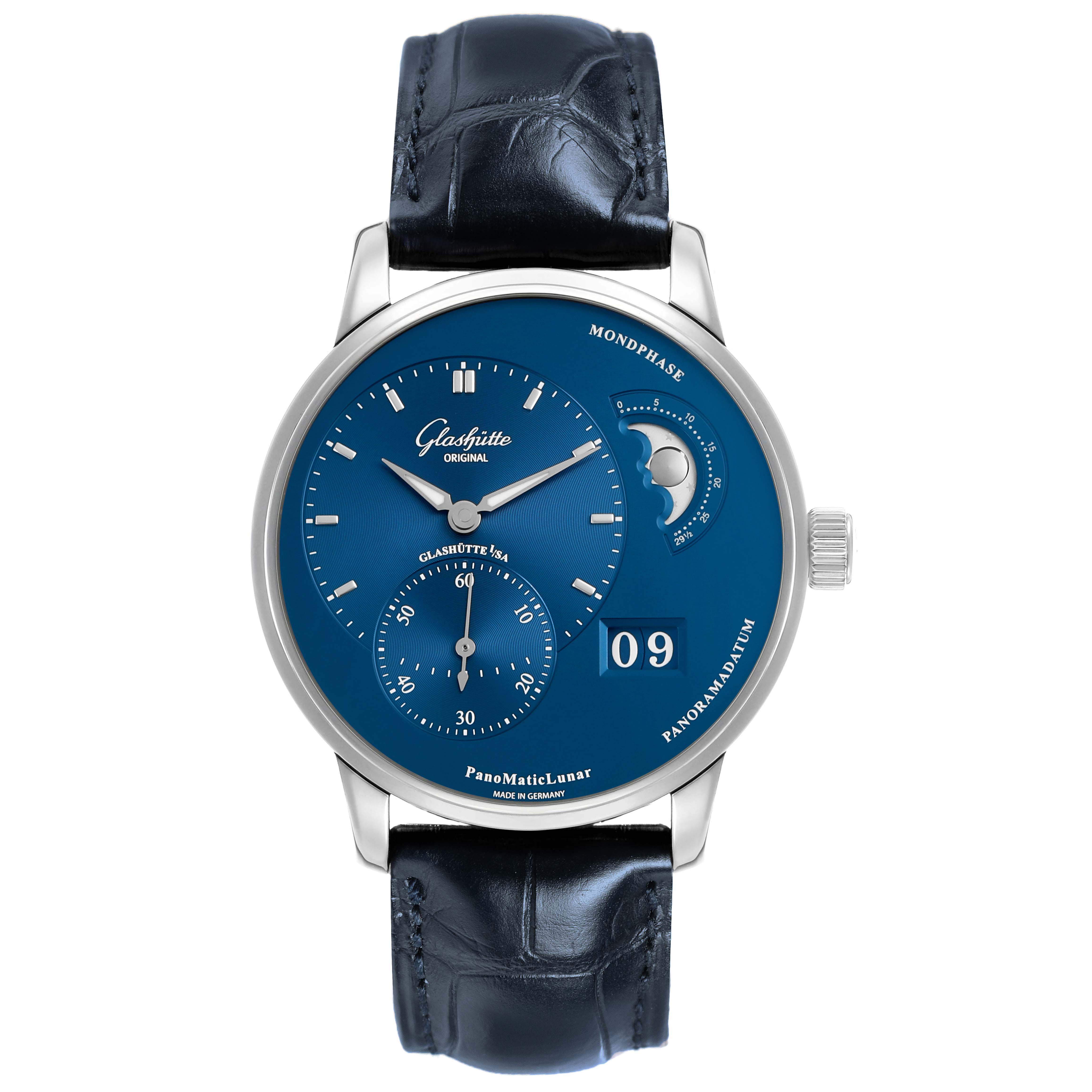 The image shows a frontal view of the Glashütte PanoMaticLunar watch, featuring dials, moon phase, and date display.