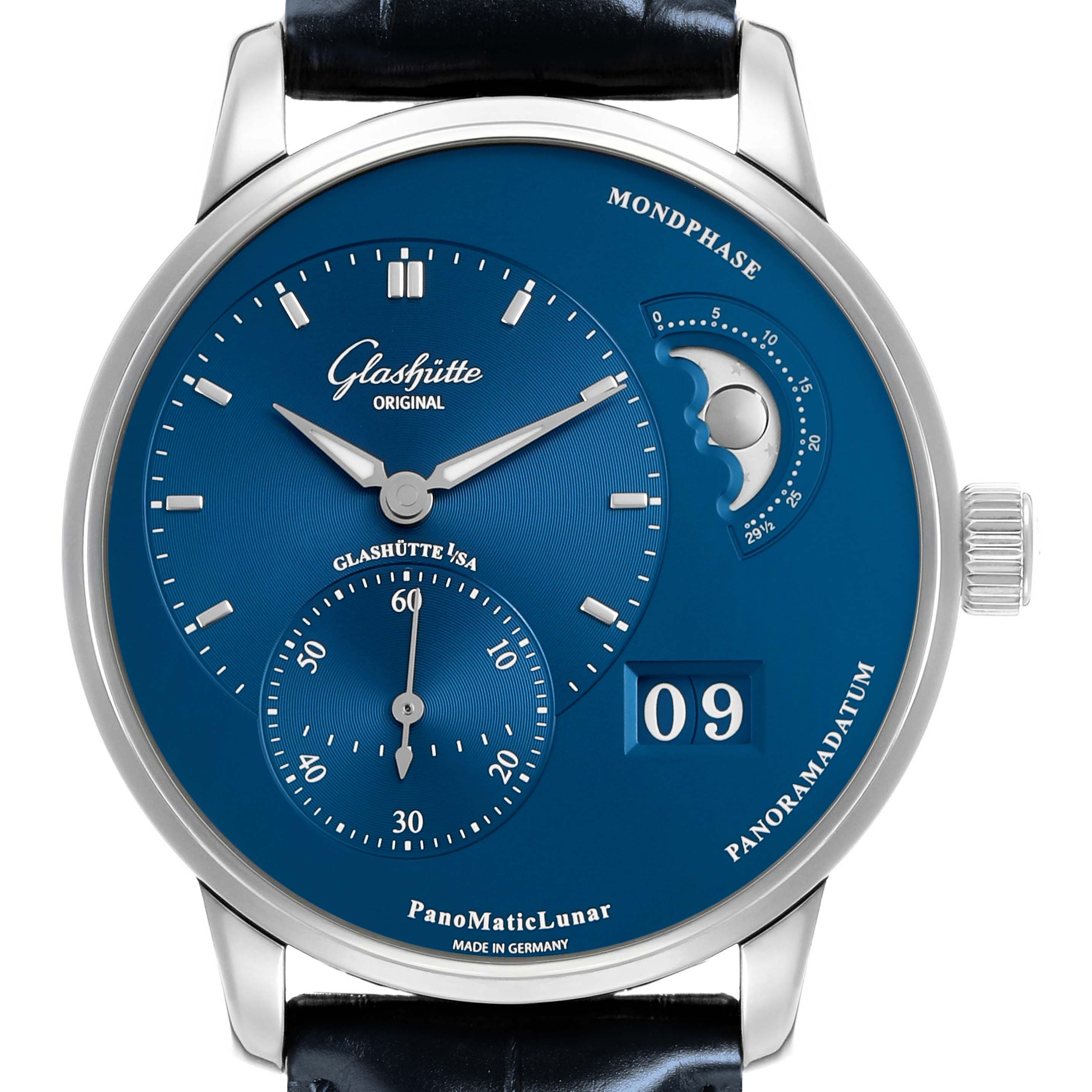 The Glashütte PanoMaticLunar watch is shown from the front, displaying its dial, moon phase, and date complication.