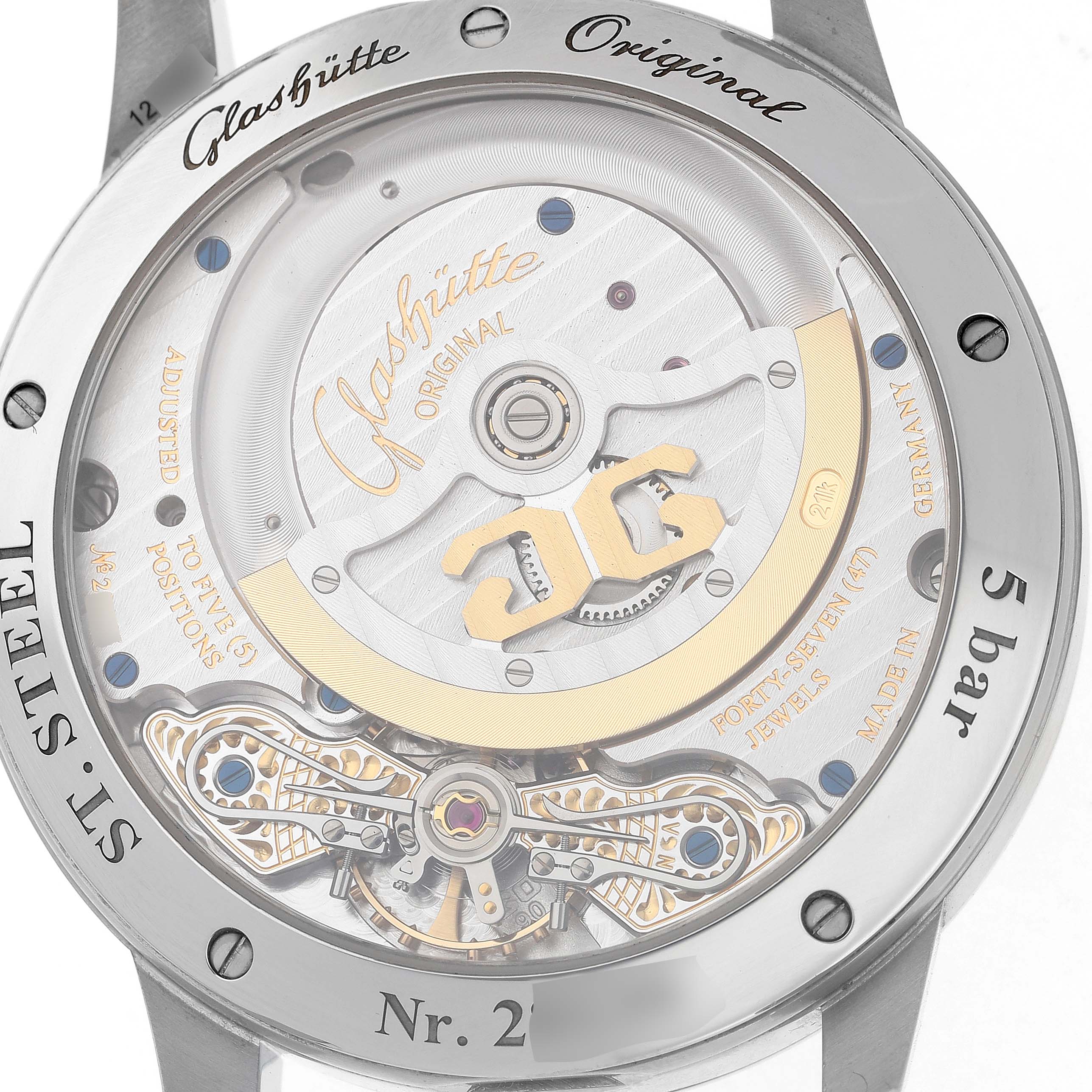 The image shows the back view of the Glashütte Pano watch, highlighting its intricate mechanical movement.