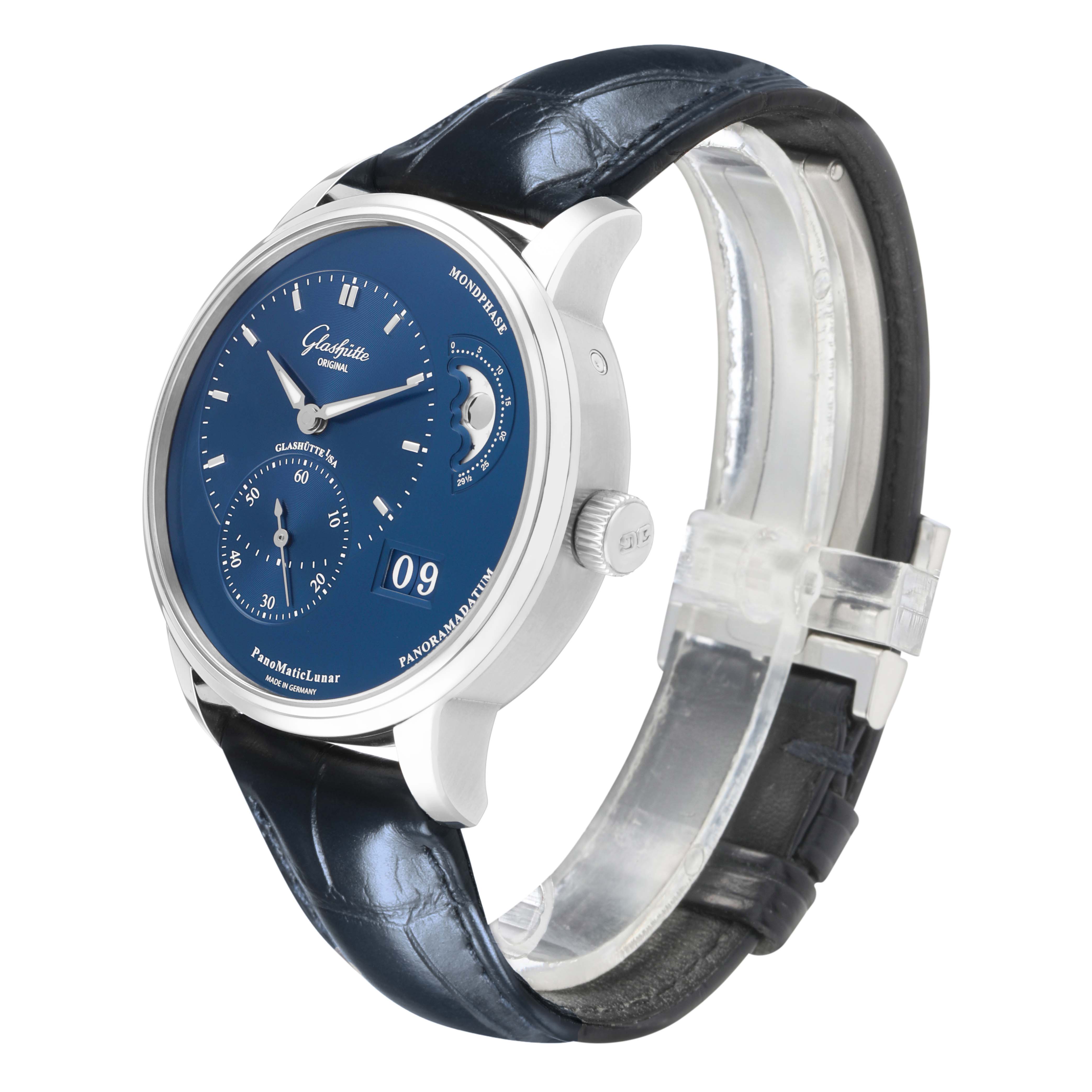 The Glashütte Pano model is shown at a three-quarter angle, displaying the face, crown, and leather strap.