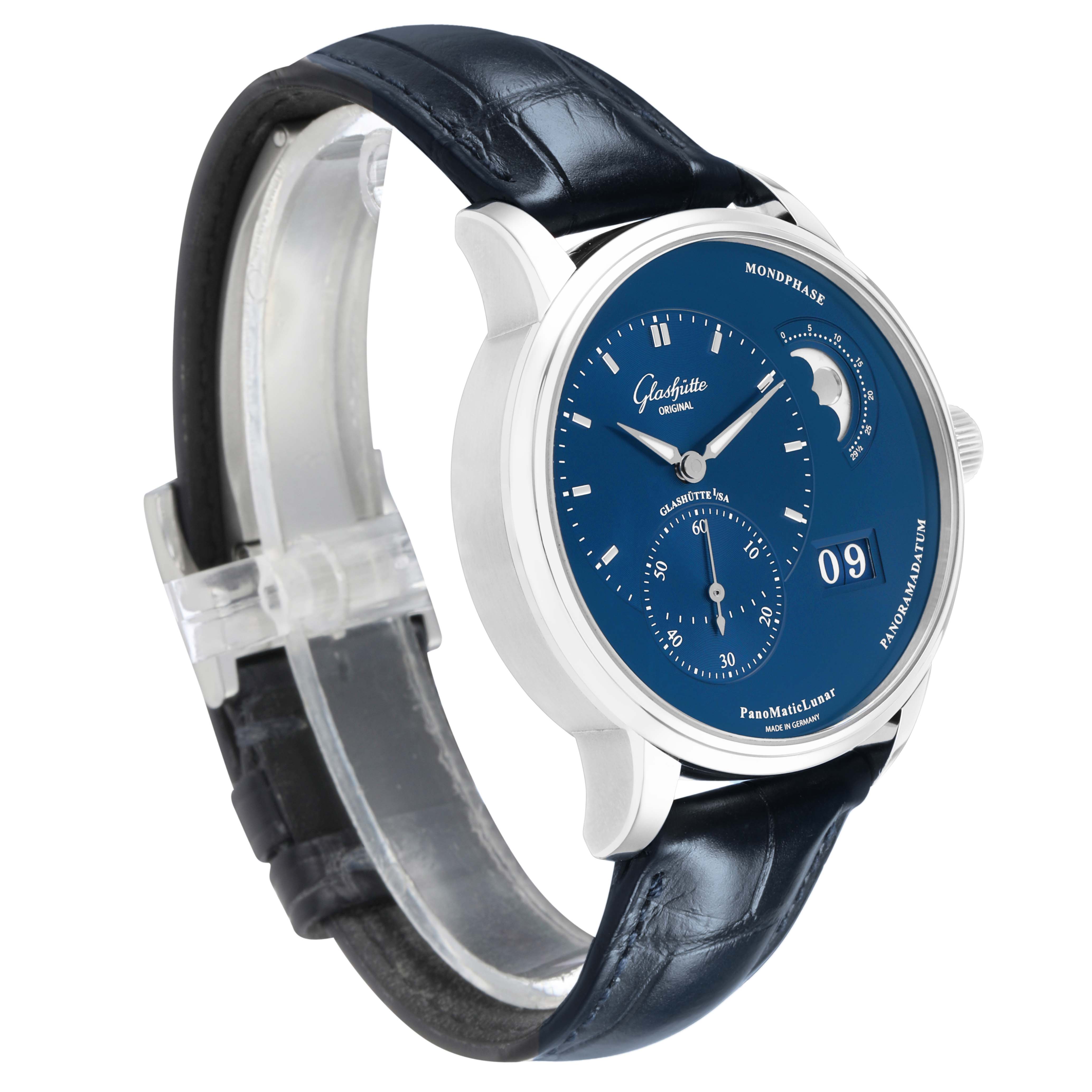 The Glashütte Pano model is shown at a slight angle highlighting the dial, moonphase, calendar, and leather strap.